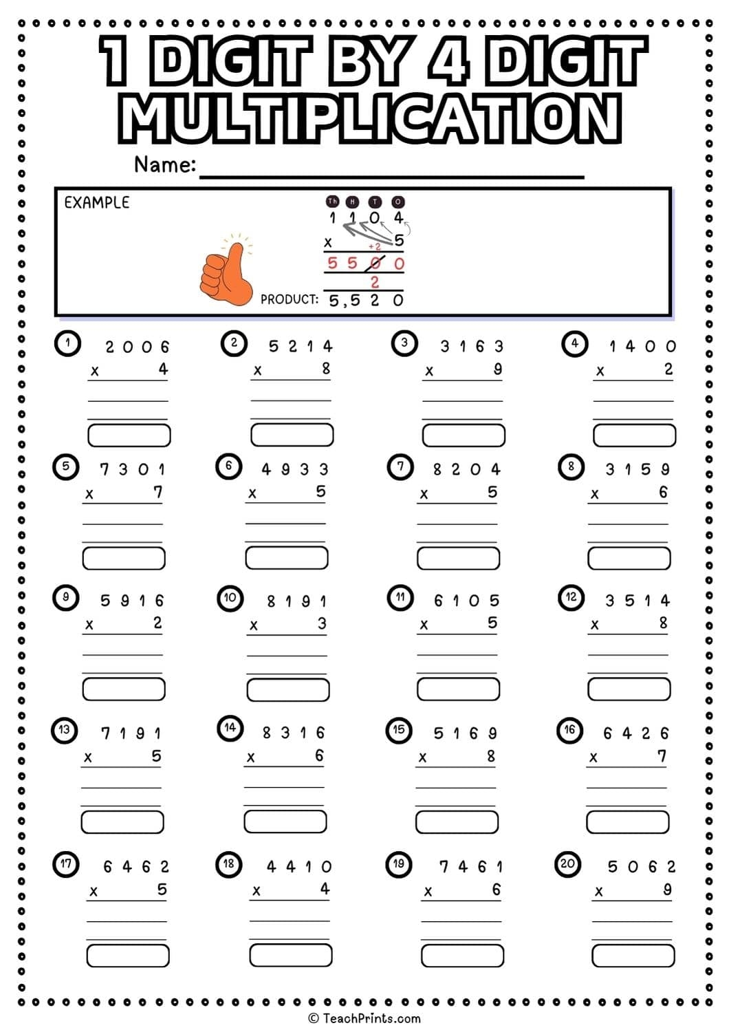 1 Digit By 4 Digit Multiplication Worksheets Teach Prints