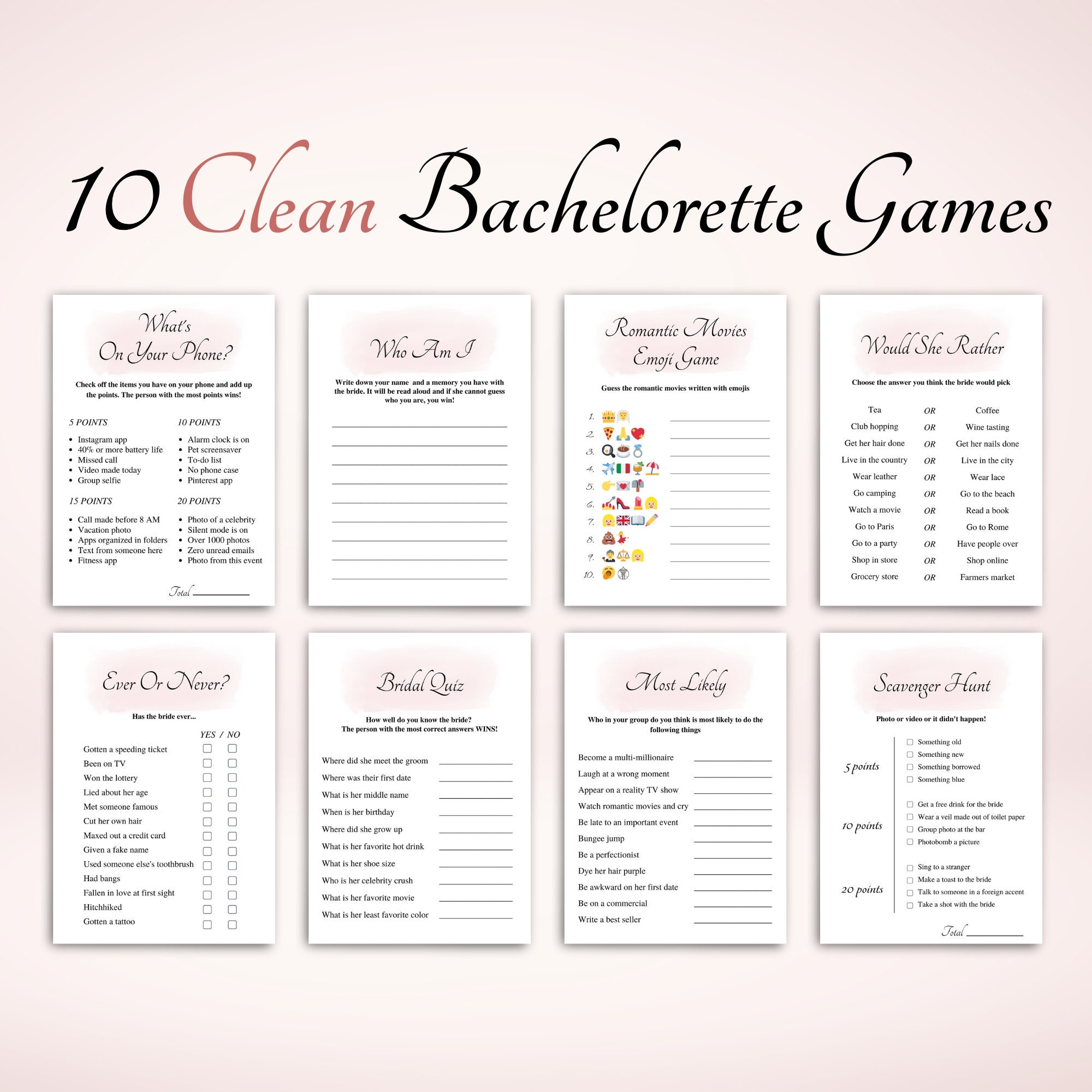 10 Clean Bachelorette Party Games Printable Bachelorette Game Bundle Clean Hens Party Games Bachelorette Games US Letter U0026 A4 DOWNLOAD Etsy