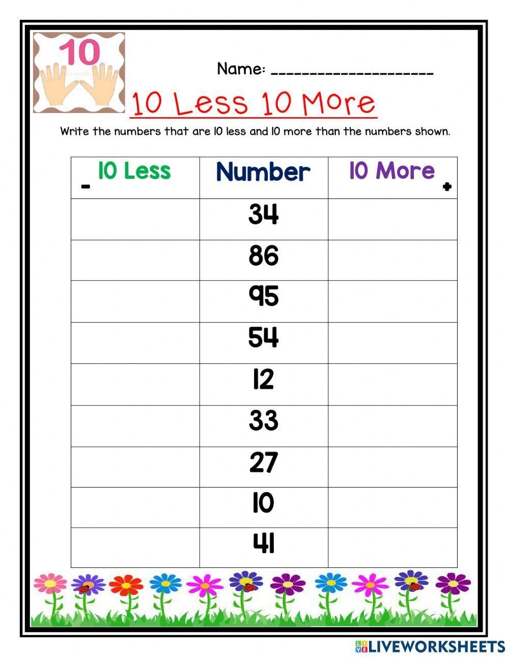 10 More 10 Less Worksheet 1 Interactive Worksheet Edform 
