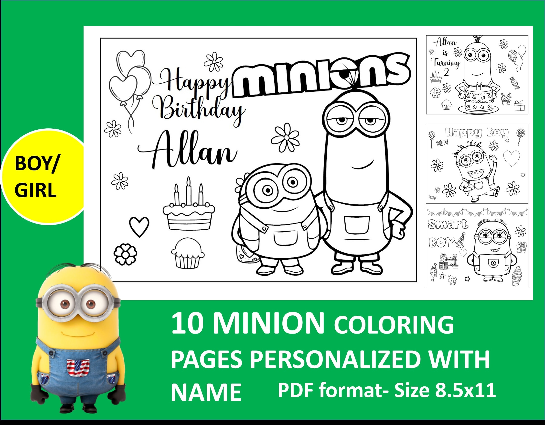 10 Printable Minion Coloring Page For Birthday Personalized With Name For Kids Boy Girl Ages 1 10 Etsy