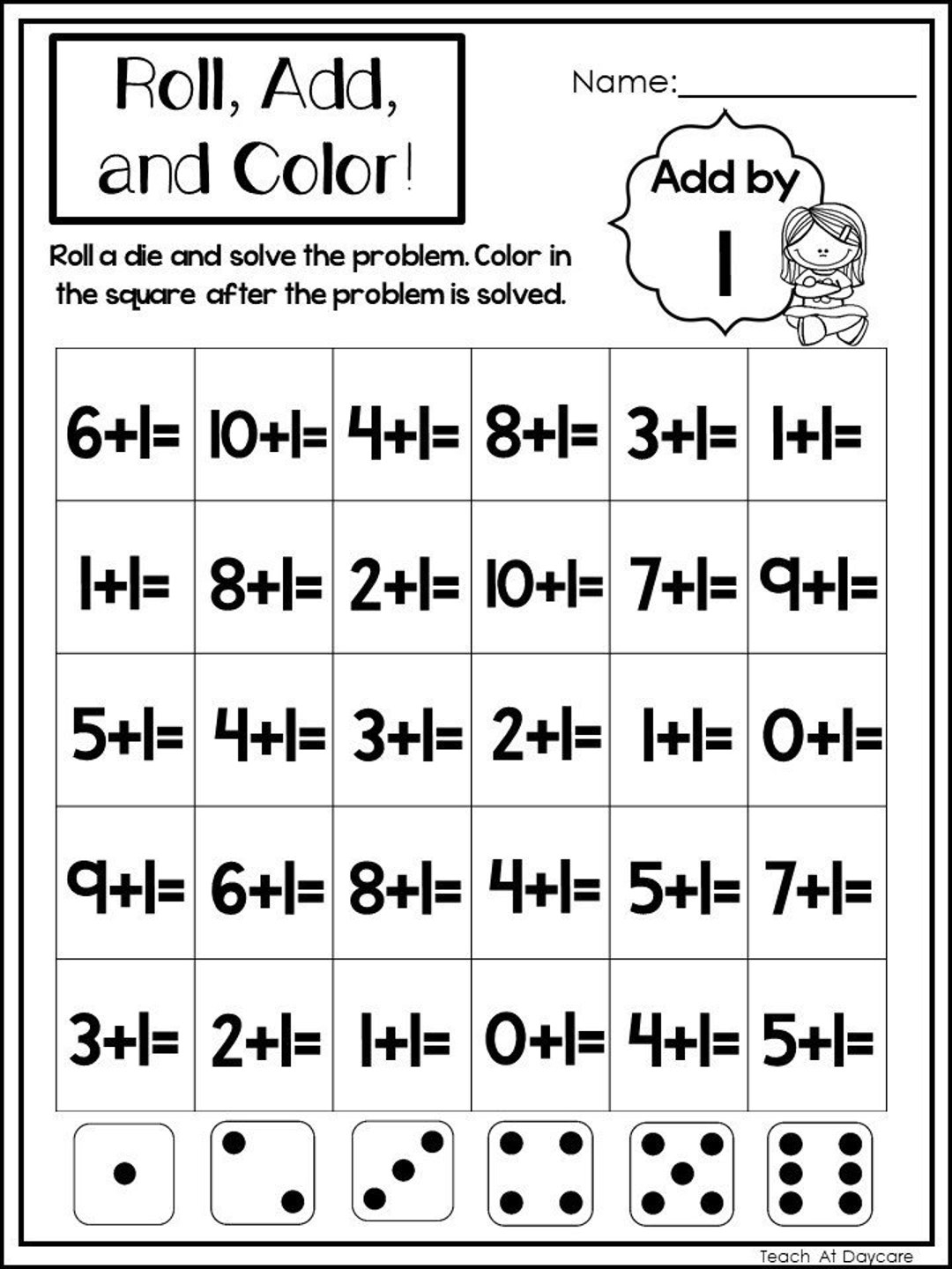 10 Printable Roll Add And Color Worksheets Numbers 1 10 Preschool 1st Grade Math Etsy