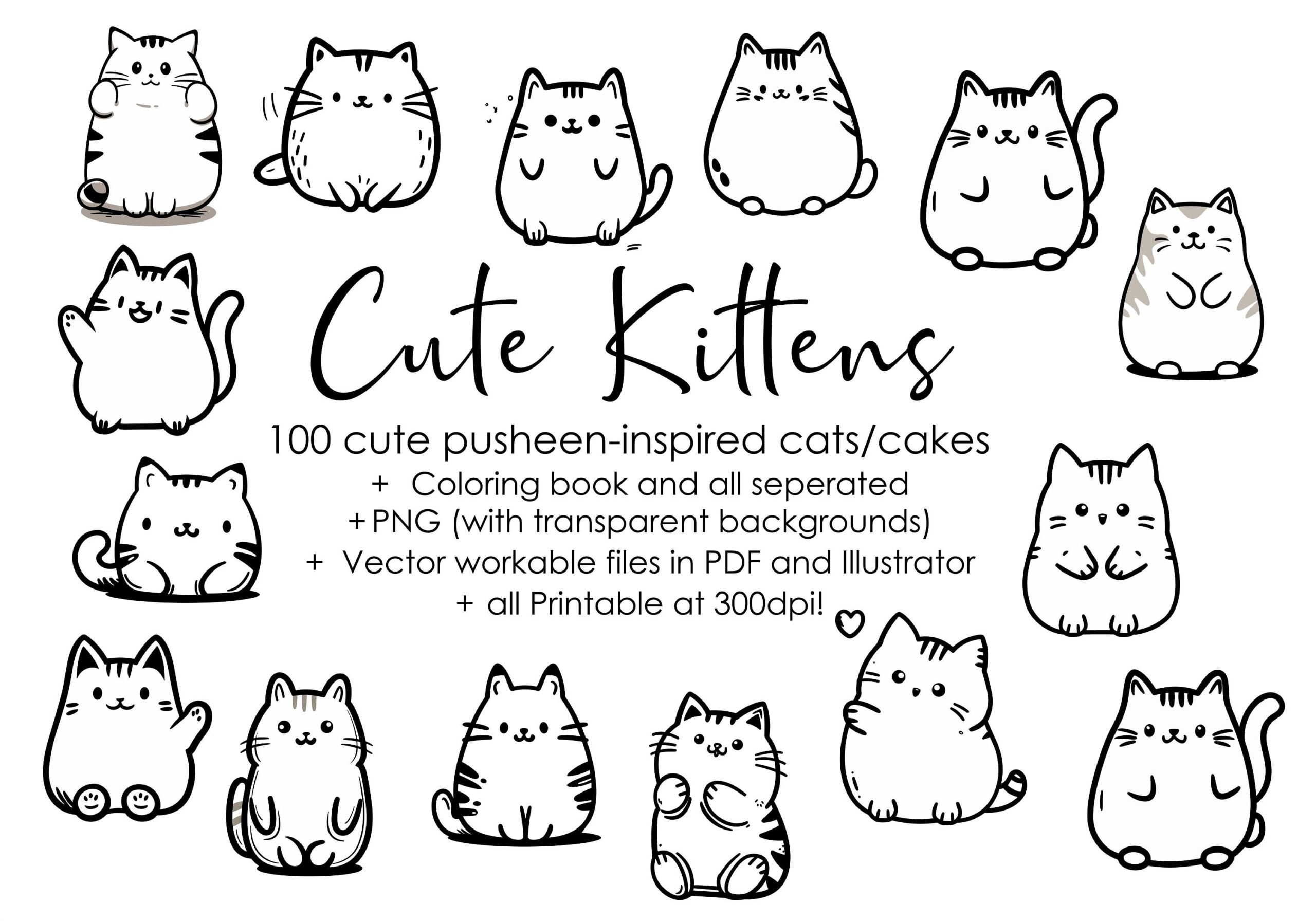 100 Cute Pusheen inspired Kittens Coloring Book Cat Clipart PNG And PDF Colorbook Super Cute Pusheen like Print Instant Download Etsy