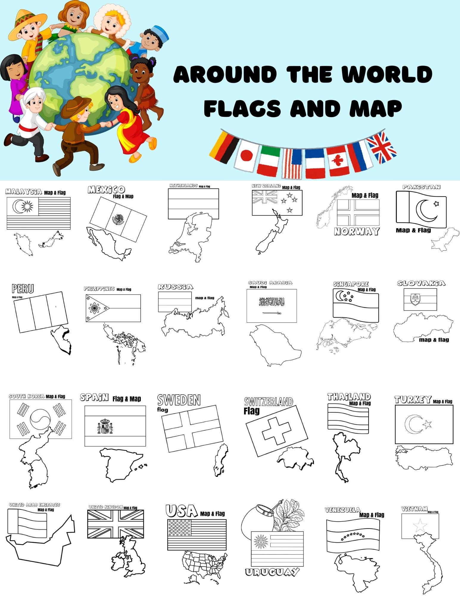 100 Printable Around The World Flags And Maps Coloring Pages 
