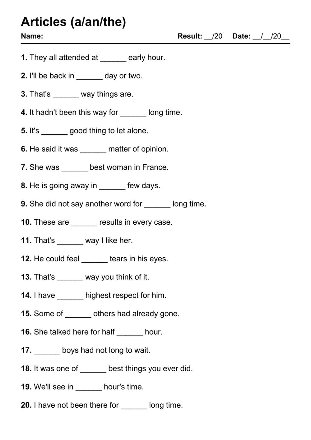 101 Articles PDF Worksheets With Answers 2145 Exercises Grammarism