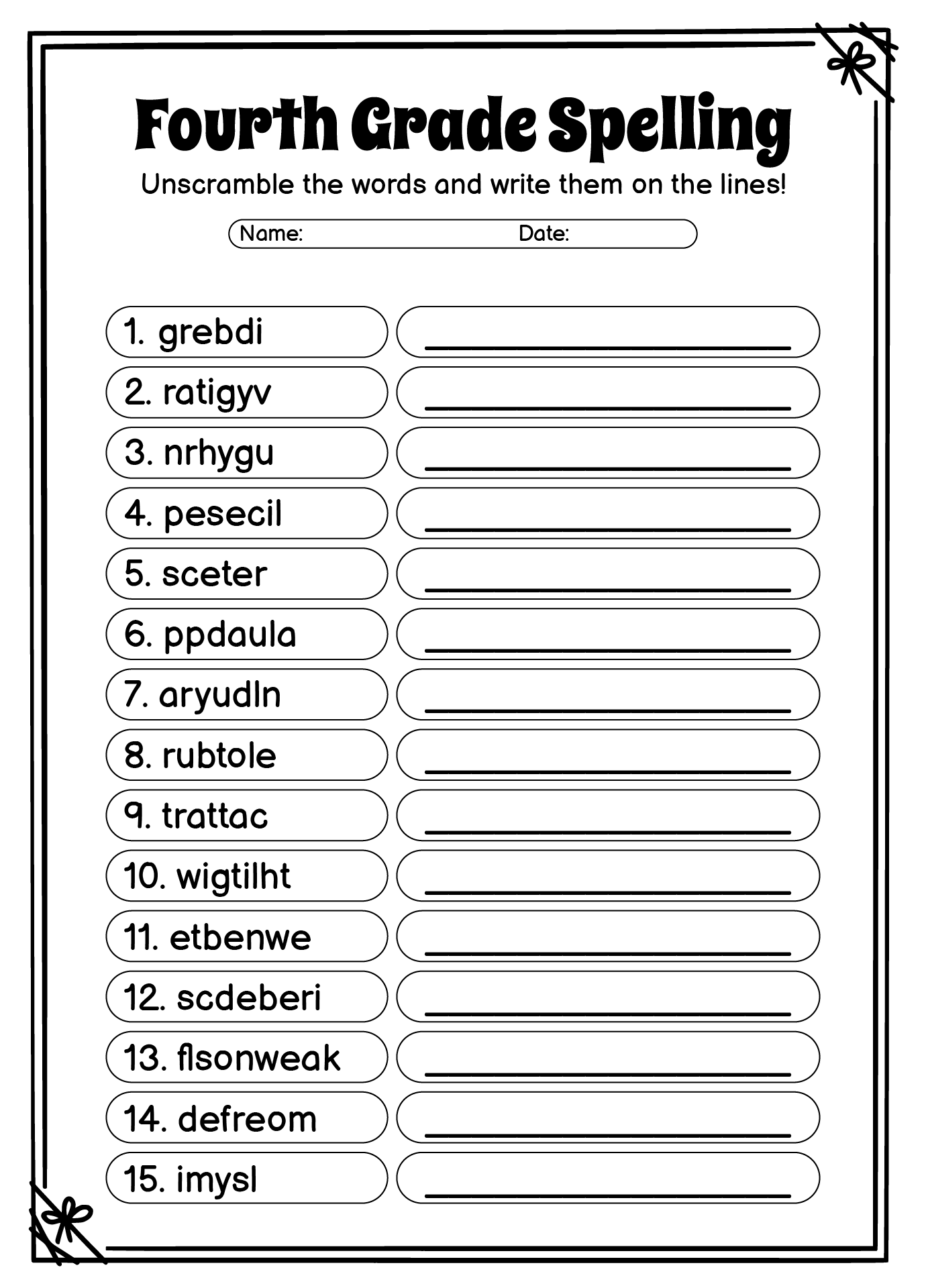 4th grade spelling worksheets
