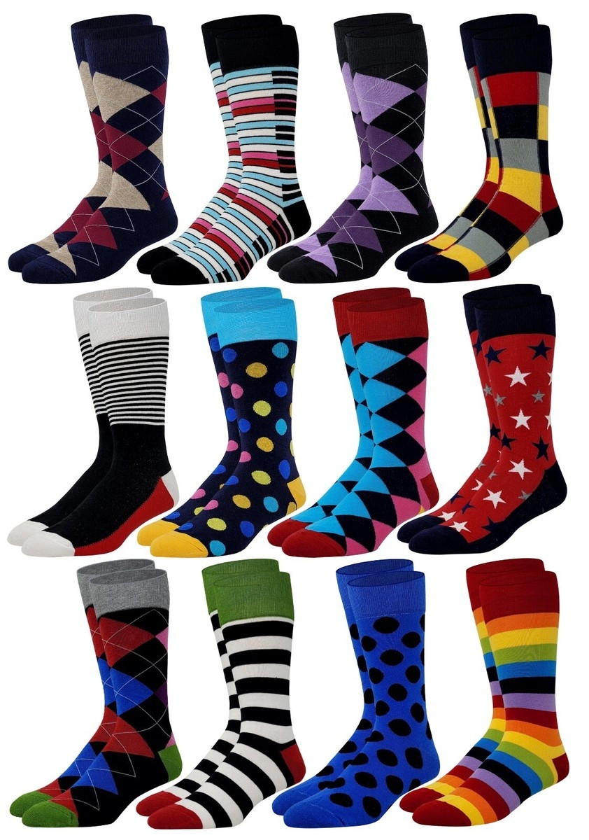 12 Pairs Men s Funky Fancy Design Colorful Premium Quality Dress Socks 10 13