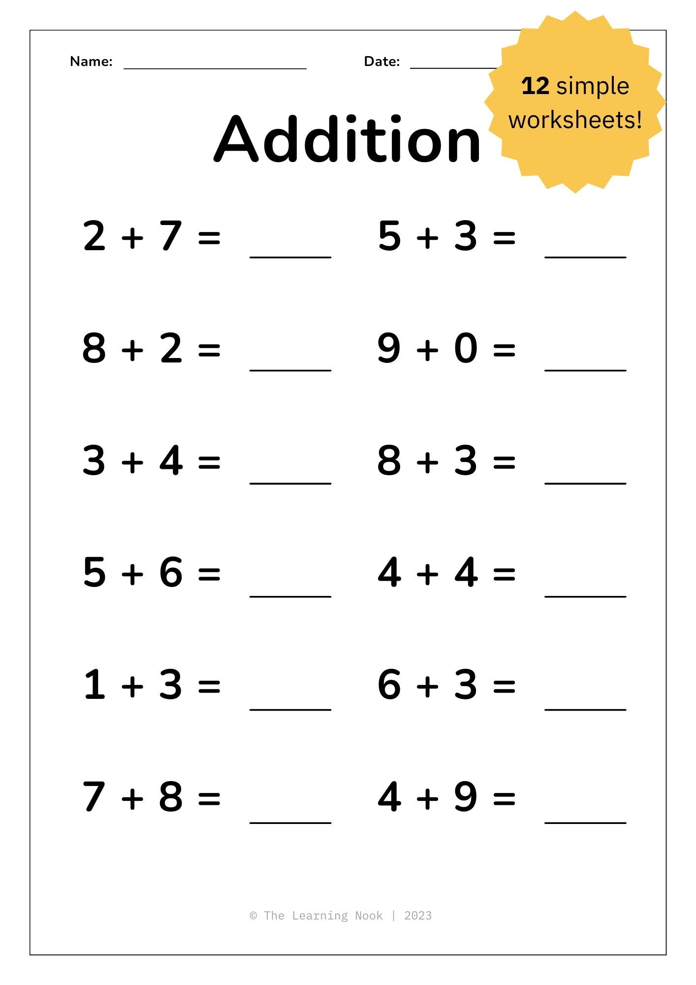 12 Printable Addition Worksheets Single Digit Addition Maths 