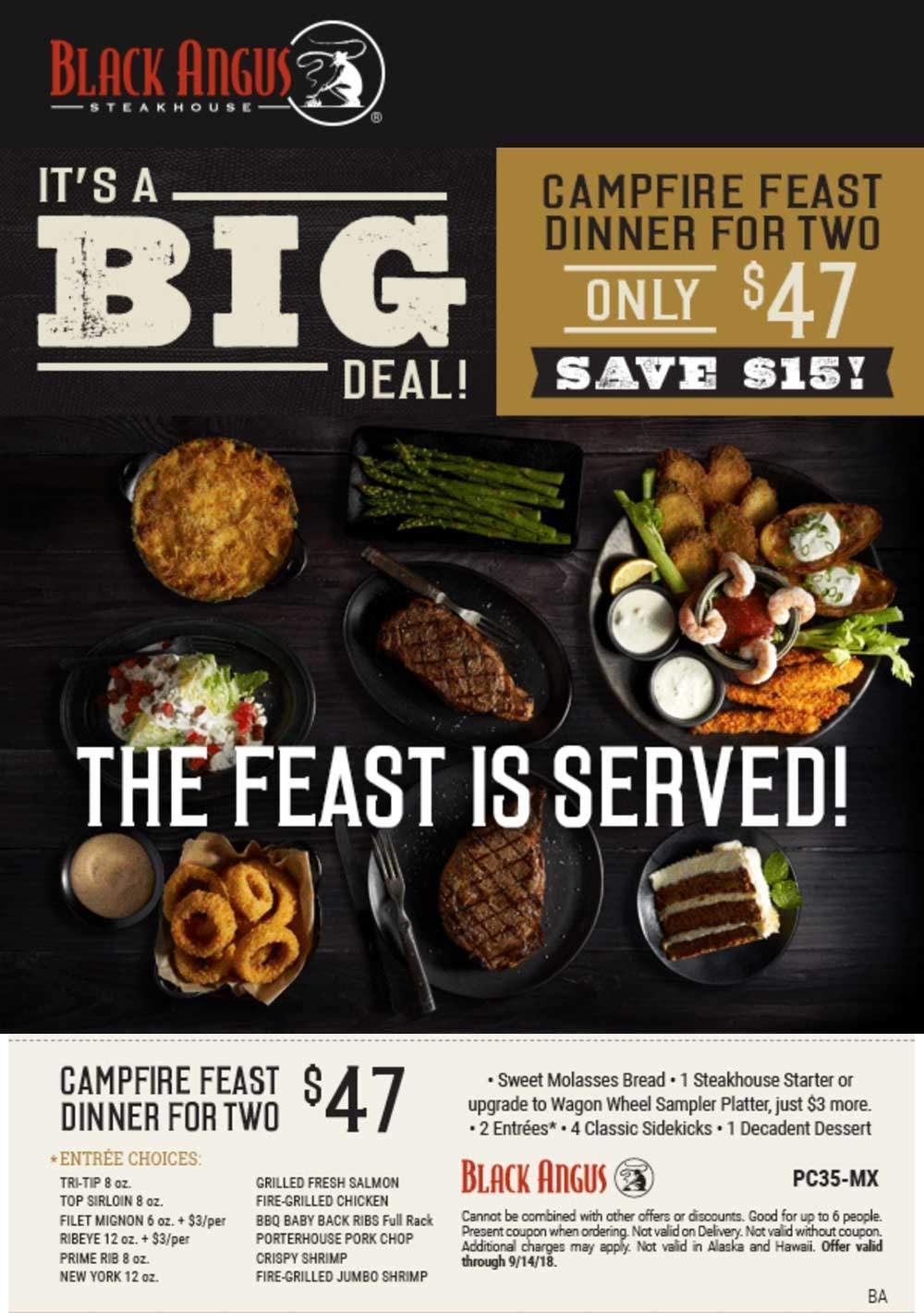  15 Off A Campfire Feast For 2 At Black Angus Steakhouse Black 