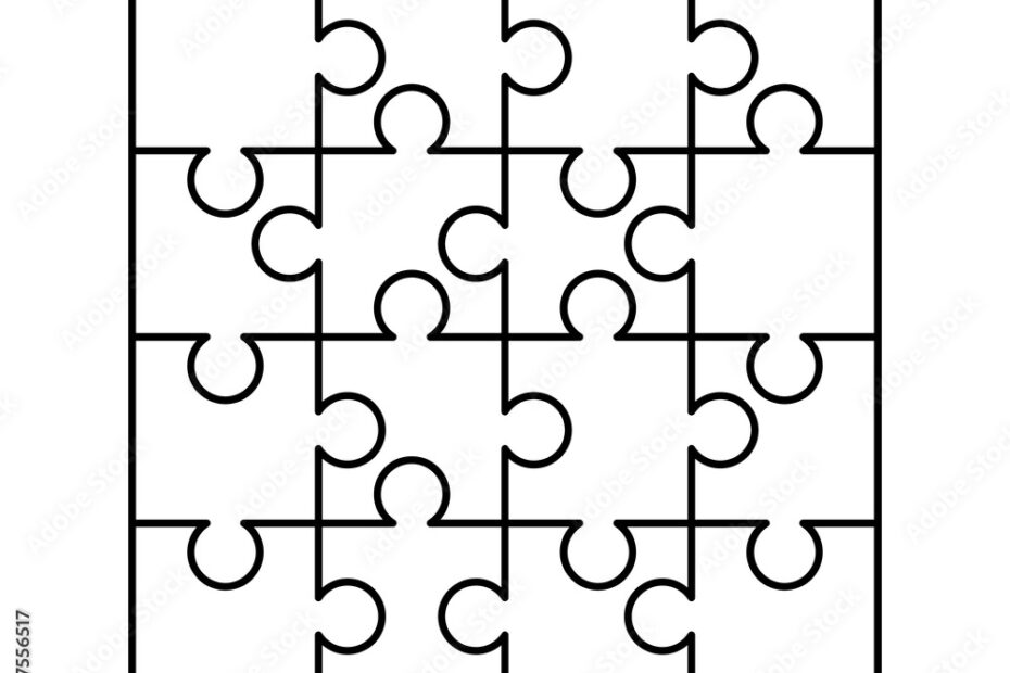 16 White Puzzles Pieces Arranged In A Square Jigsaw Puzzle Template Ready For Print Cutting Guidelines On White Stock Vector Adobe Stock