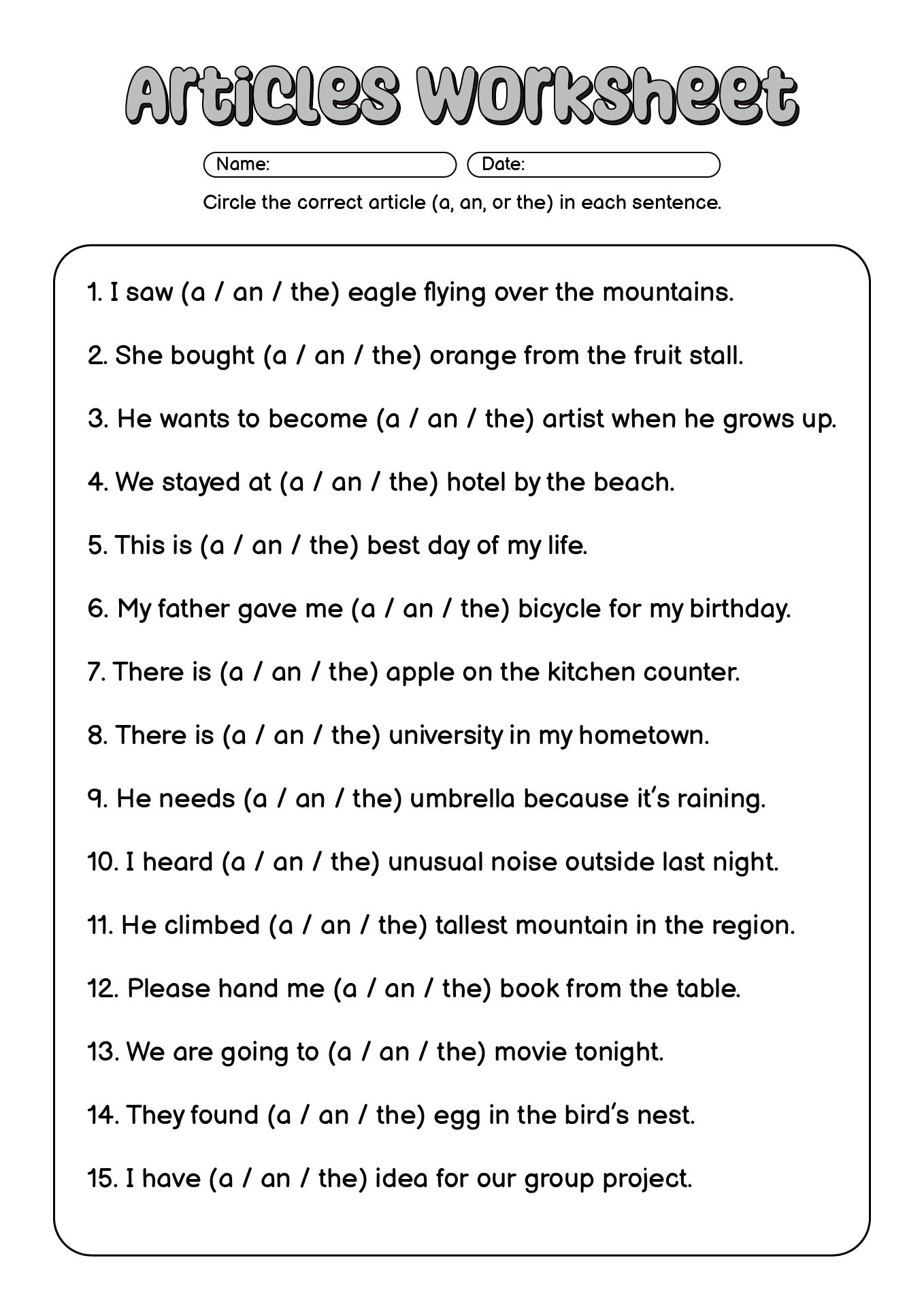 articles worksheet