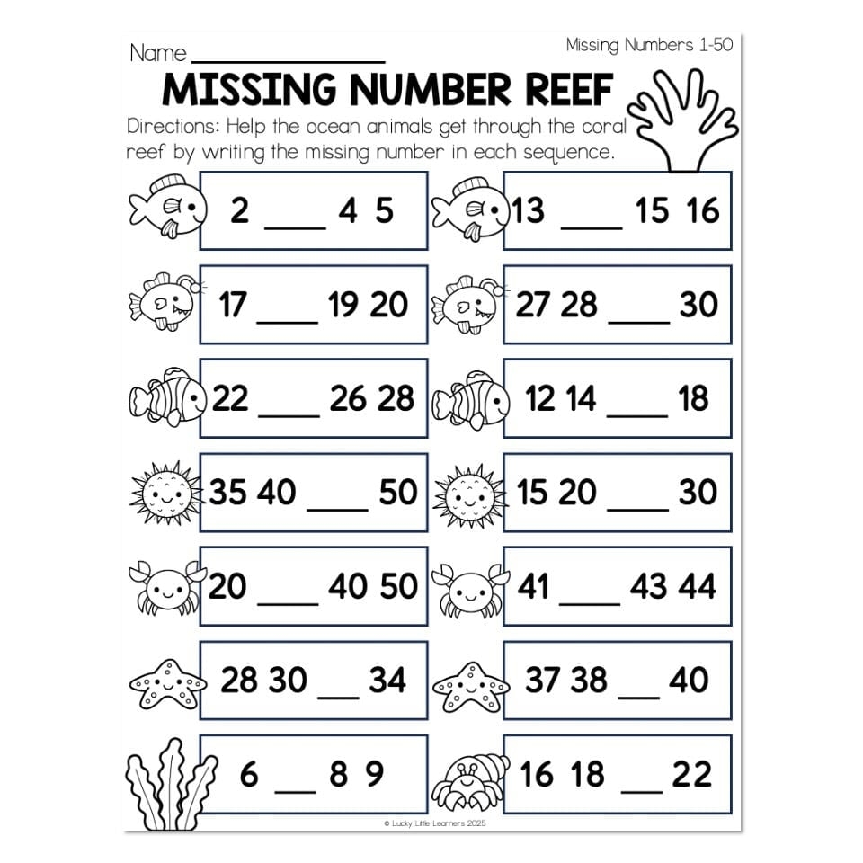 1st Grade Math Missing Numbers 1 50 Missing Number Reef 