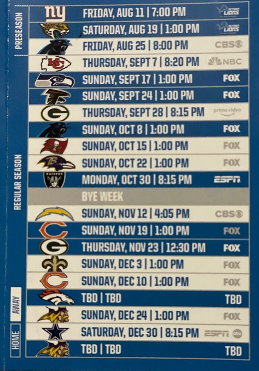 2023 DETROIT LIONS POCKET SCHEDULE NFL DRAFT 2024 GOFF HUTCHINSON CAMPBELL 90TH