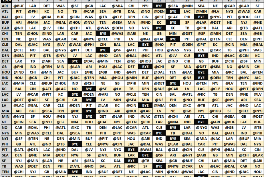 2024 NFL Schedule Team Grid Worksheets Library