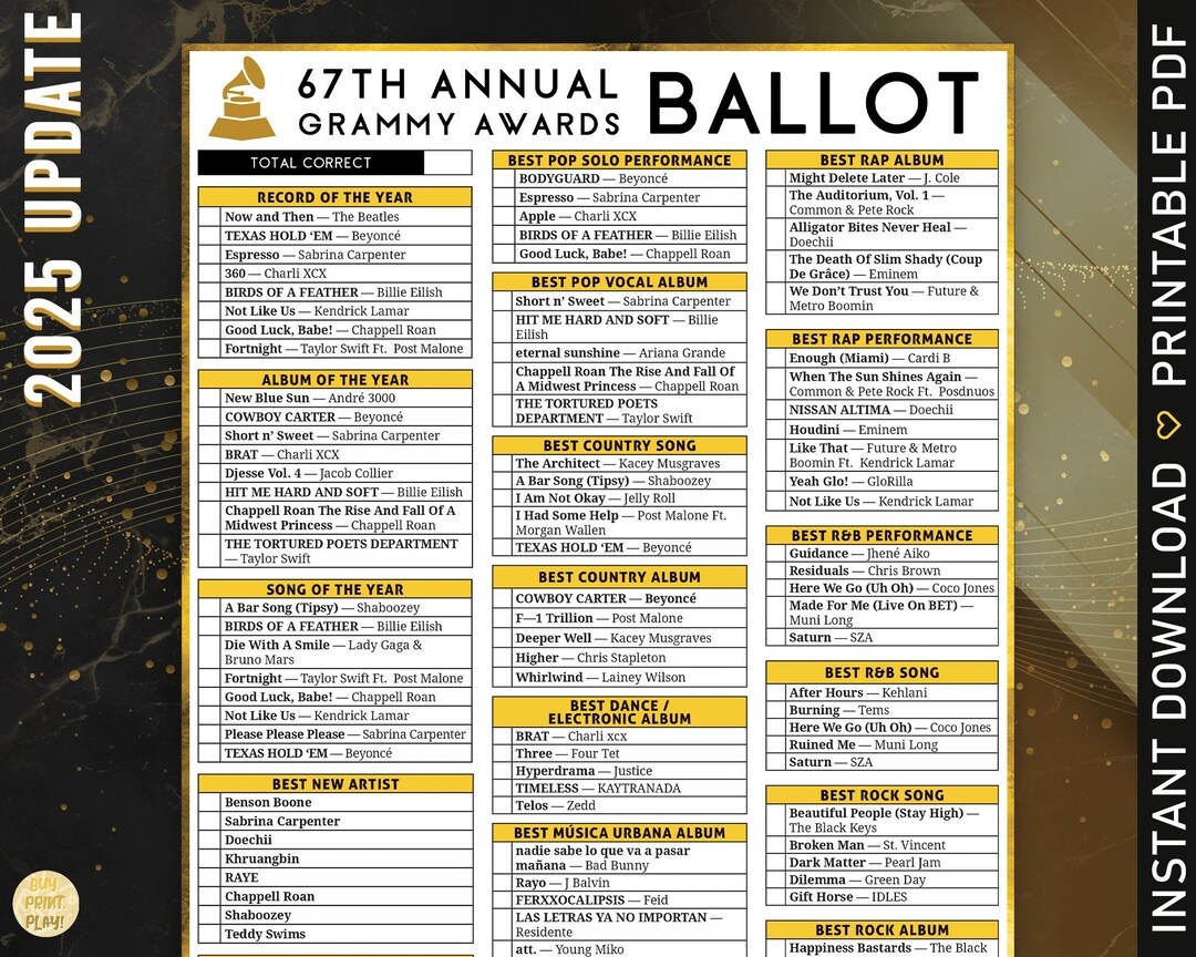 2025 Grammys Ballot 67th Music Awards Predictions Academy Awards Watch Party Only 18 Major Categories Included 30 Bingo Cards Etsy