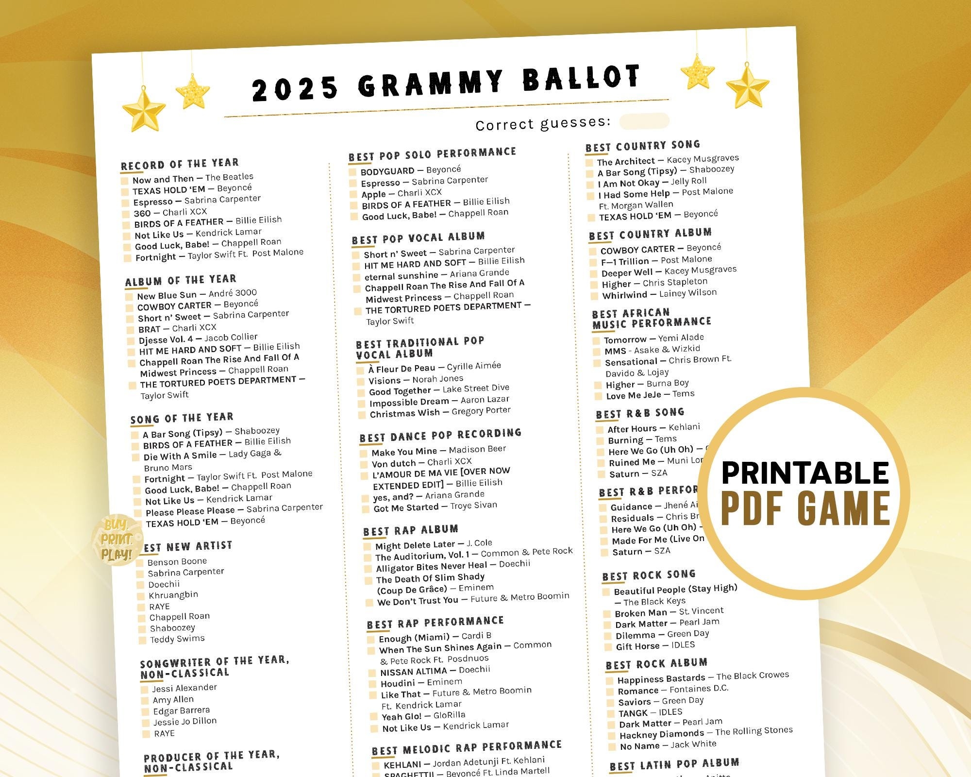 2025 Grammys Ballot With 24 Major Categories For 67th Music Awards Printable Predictions Voting Game For Academy Ceremony Watch Party Etsy