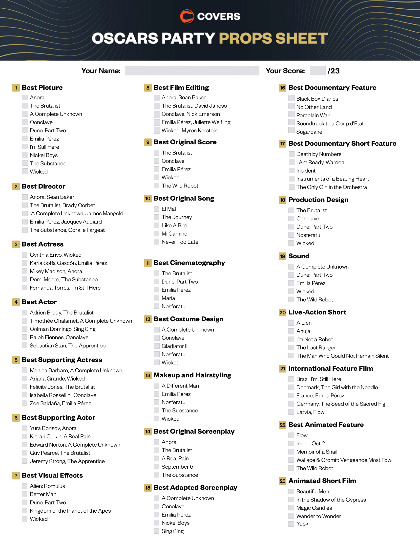 2025 OSCARS BALLOT FREE PRINTABLE SHEET FOR THE 97TH ACADEMY 