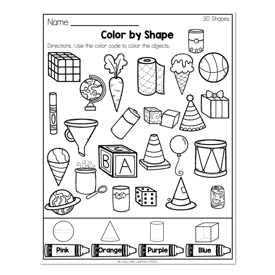 2nd Grade Math Worksheets Geometry 3D Shapes Color By Shape Lucky Little Learners