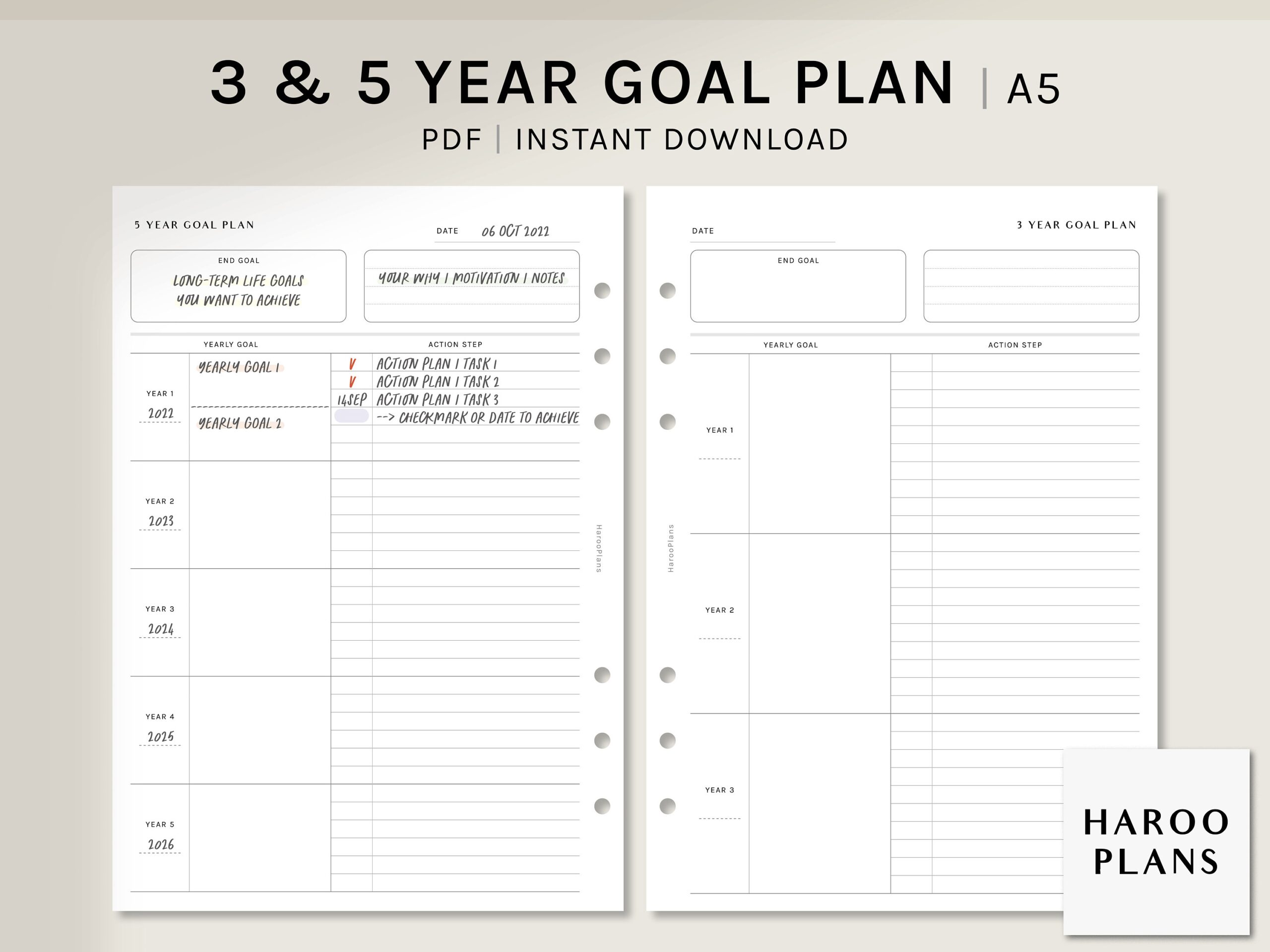 3 And 5 Year Goal Planner A5 Printable Inserts Life Goal Action Plan Template Yearly Goal Setting Organizer PDF Digital Download Etsy UK
