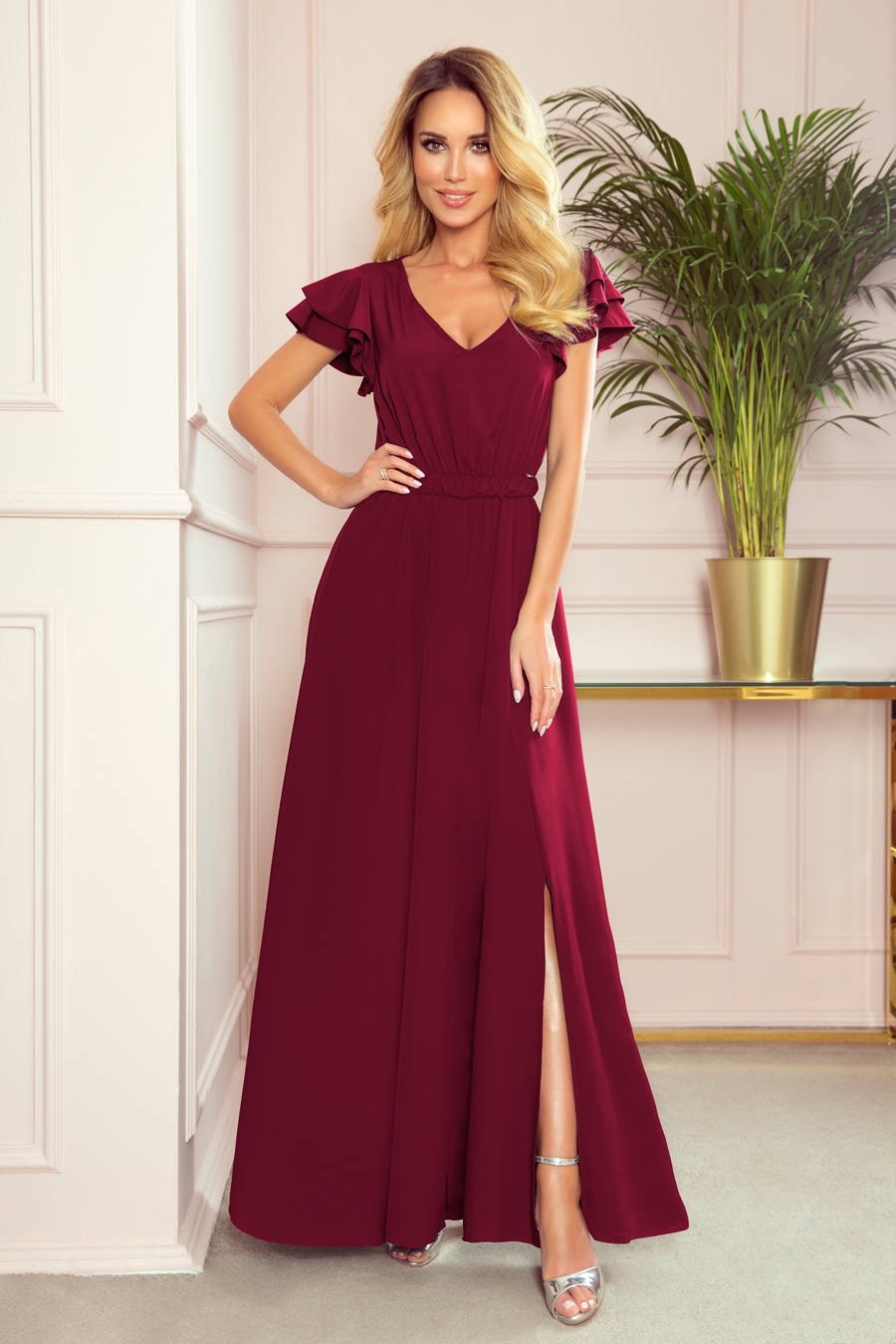 310 5 LIDIA Long Dress With A Neckline And Frills Burgundy Color Numoco Women s Fashion