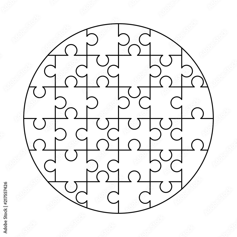32 White Puzzles Pieces Arranged In A Round Shape Jigsaw Puzzle Template Ready For Print Cutting Guidelines On White Stock Vector Adobe Stock