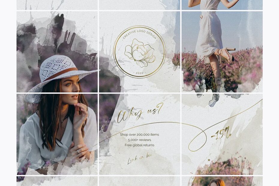 4 Best Watercolor Instagram Puzzle Templates PSD PSD Design