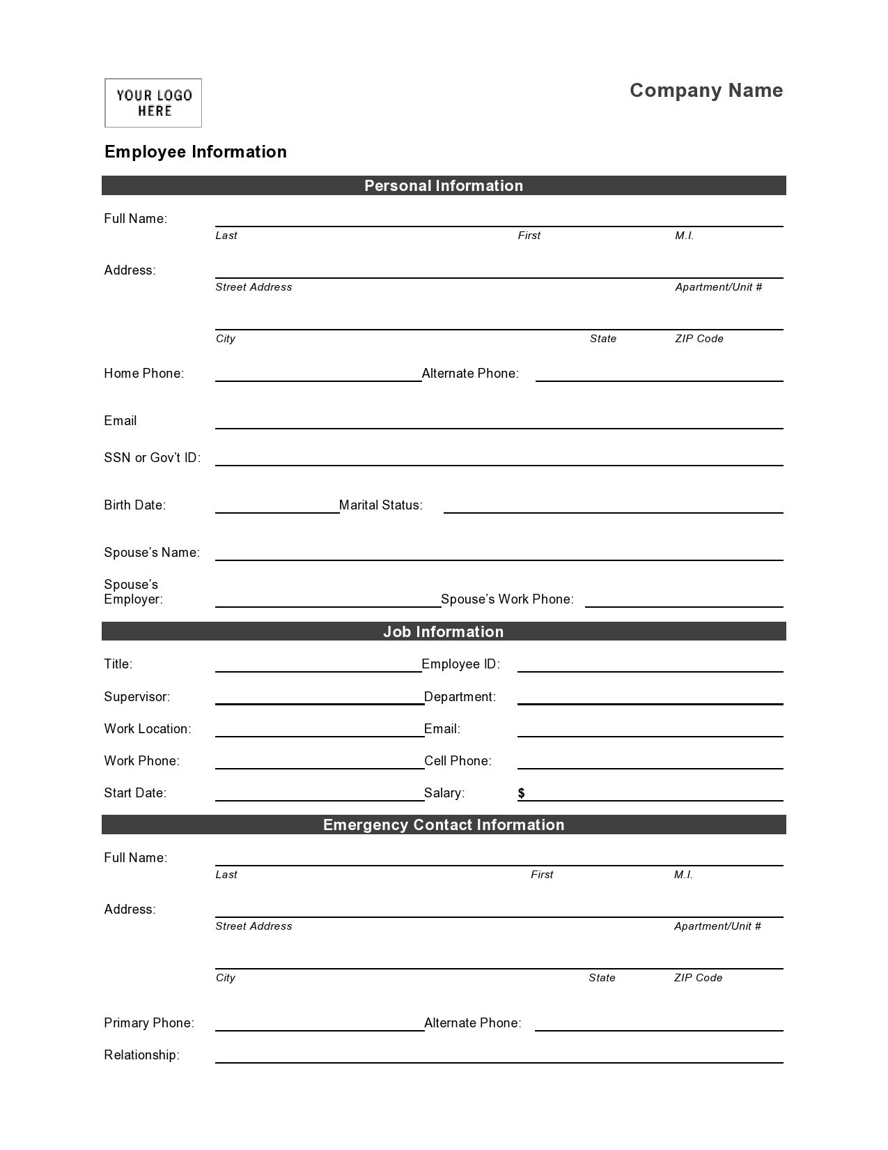basic template printable employee information form