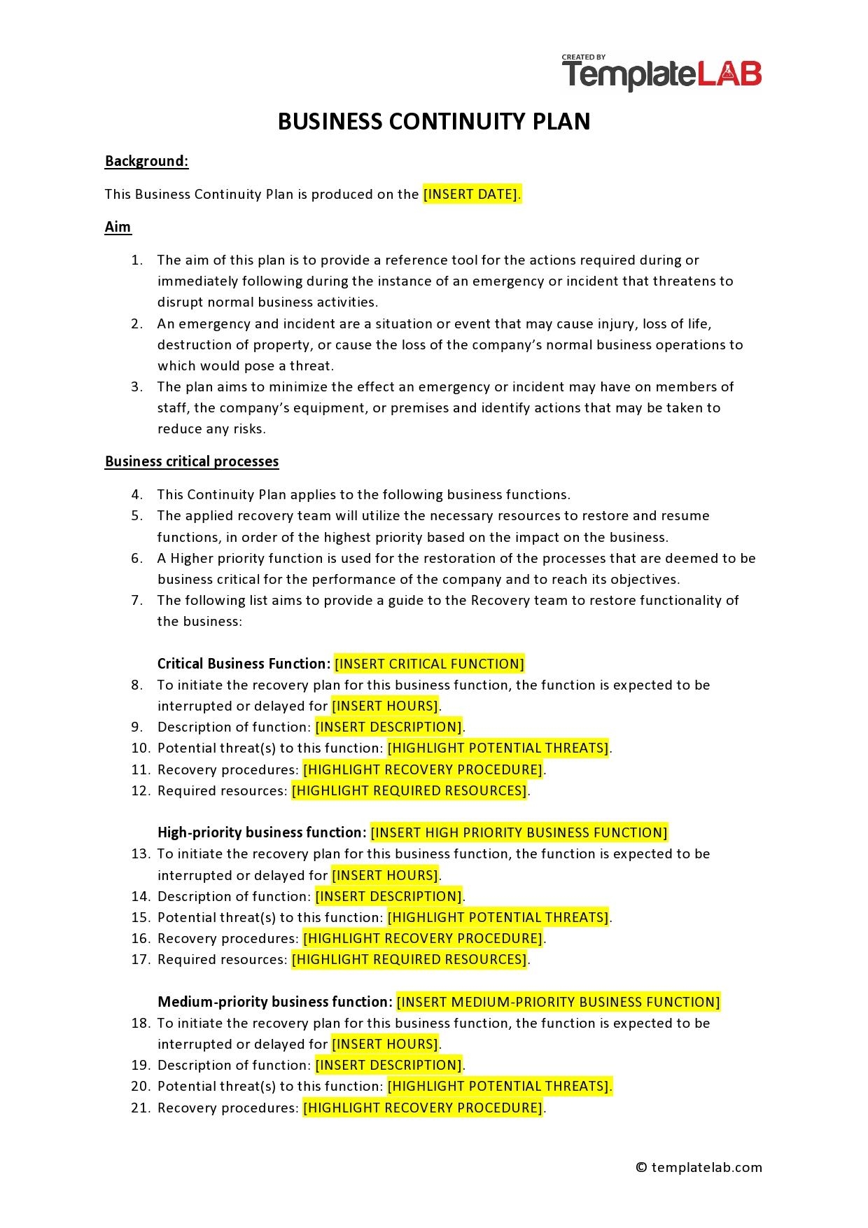 business continuity plan template for manufacturing
