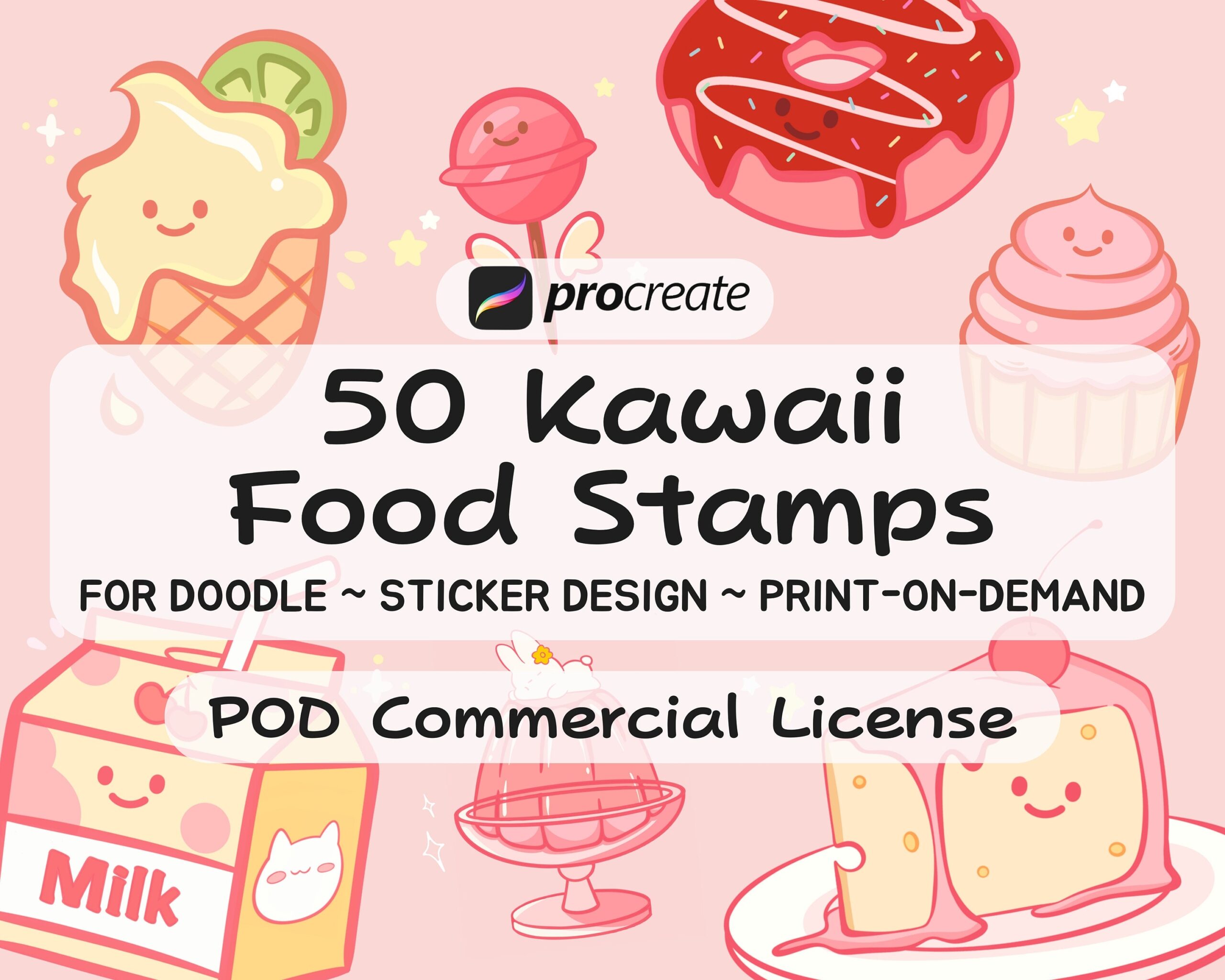50 Procreate Cute Kawaii Food Stamp Pack Brushes For Doodles Sticker Illustration Design Line ART Print On Demand POD Commercial License Etsy