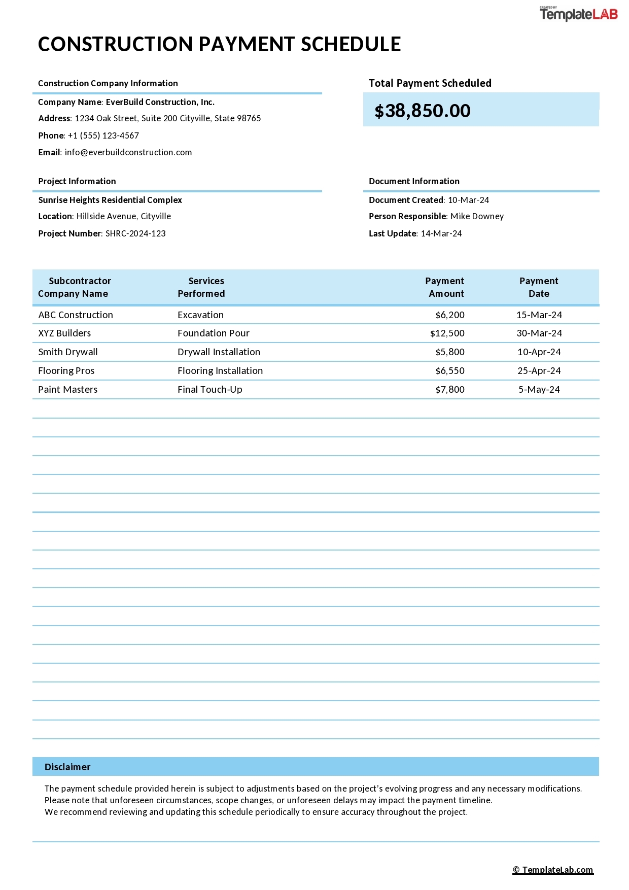 schedule of fees template