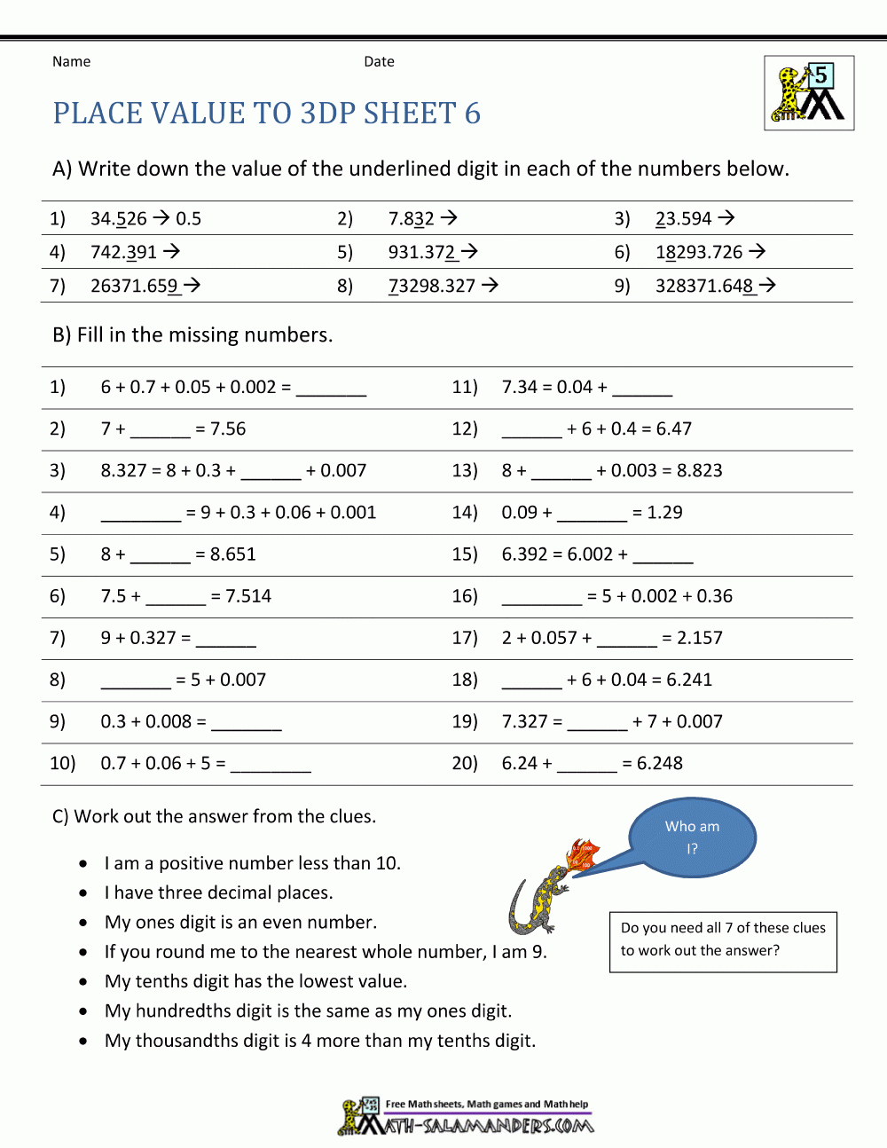 decimal place value worksheets grade 5