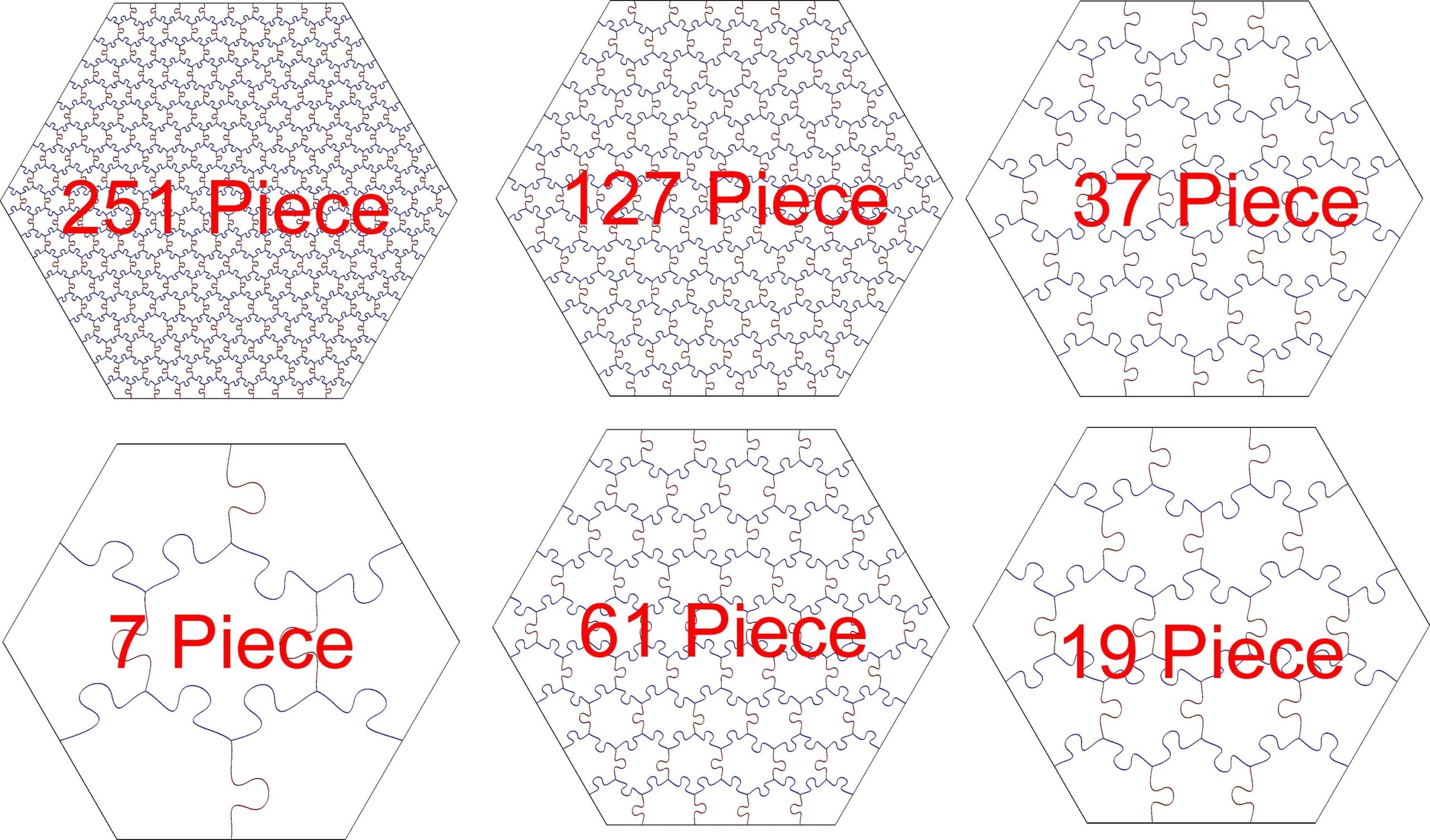 6 Different Hexagon Puzzle SVG DXF CDR Templates Laser Cut Jigsaw Puzzle Template Glowforge VInyl Cutter