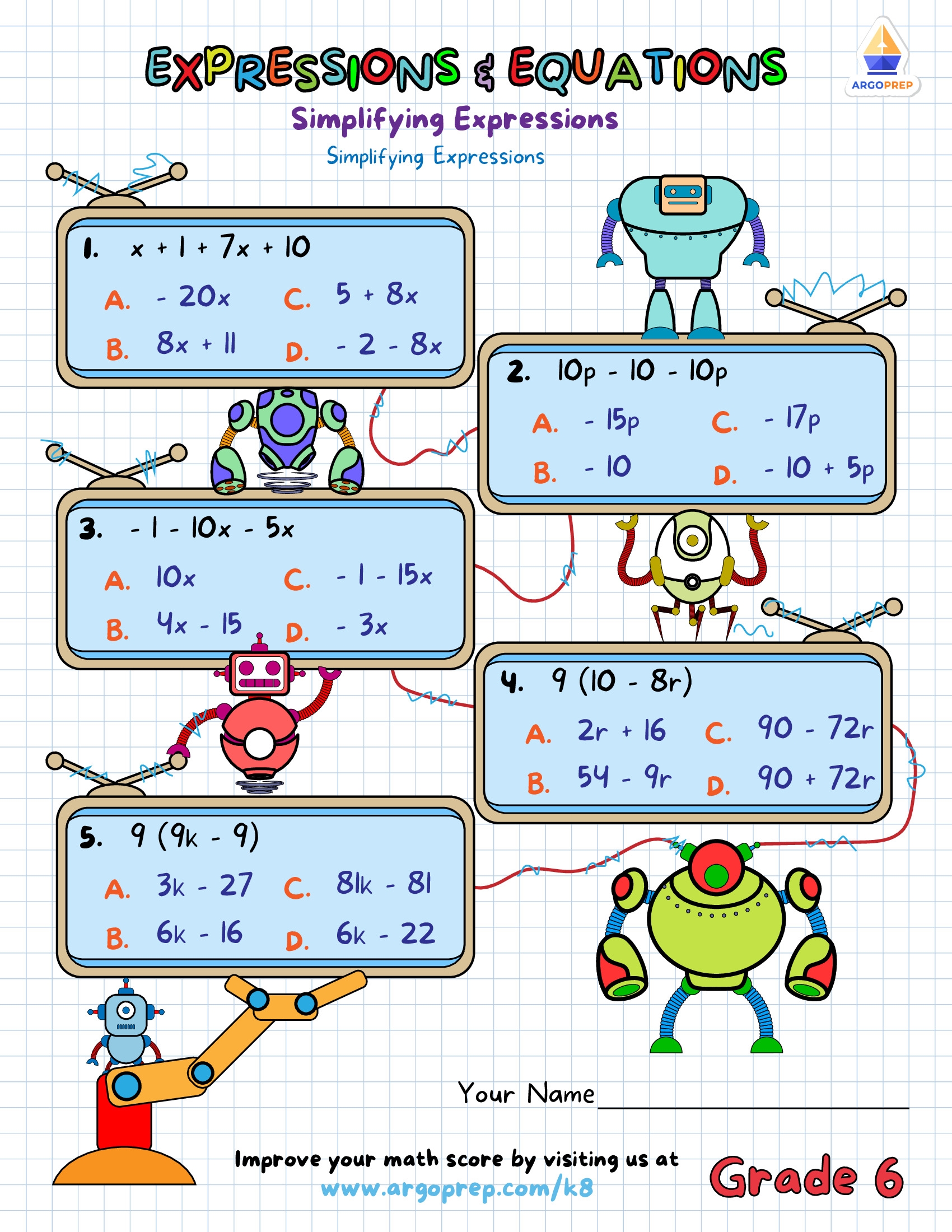6th Grade Equivalent Expressions Part 2 Quiz 1 Equations 