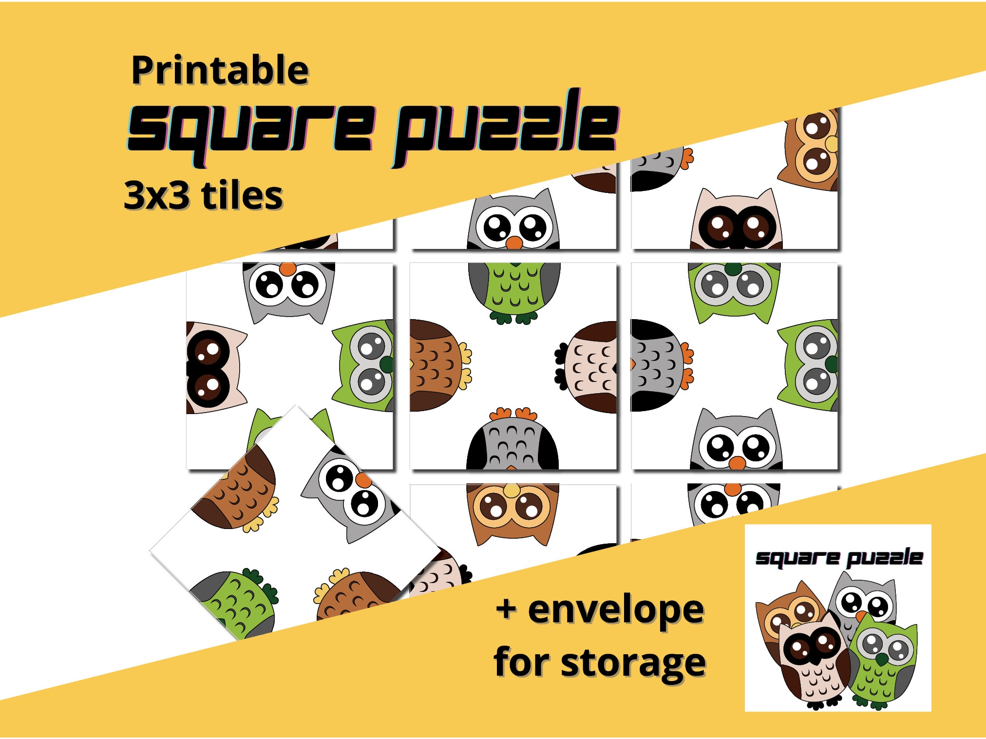 9 Piece Scramble Squares Puzzle With Owls Printable Brain Teaser With Envelope For Storage 3x3 Square Puzzle Game For Adults And Kids Etsy