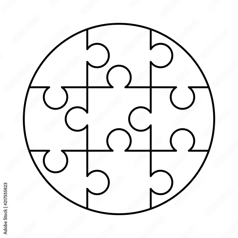 9 White Puzzles Pieces Arranged In A Round Shape Jigsaw Puzzle Template Ready For Print Cutting Guidelines On White Stock Vector Adobe Stock