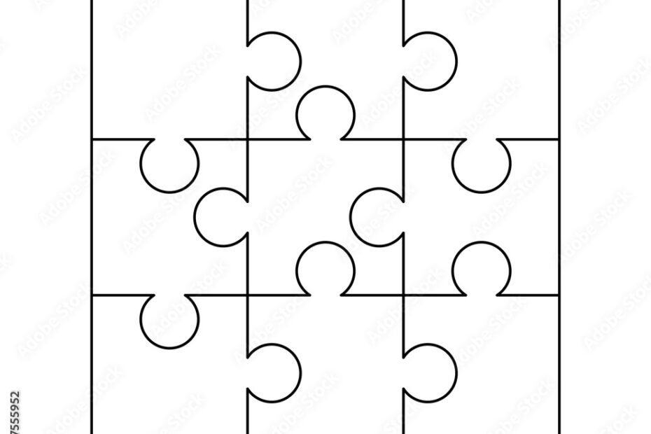 9 White Puzzles Pieces Arranged In A Square Jigsaw Puzzle Template Ready For Print Cutting Guidelines On White Stock Vector Adobe Stock