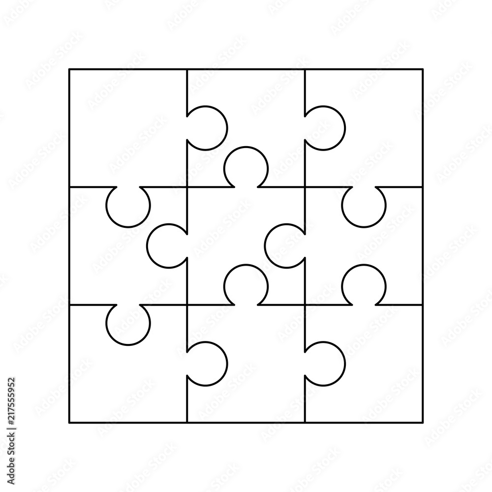9 White Puzzles Pieces Arranged In A Square Jigsaw Puzzle Template Ready For Print Cutting Guidelines On White Stock Vector Adobe Stock