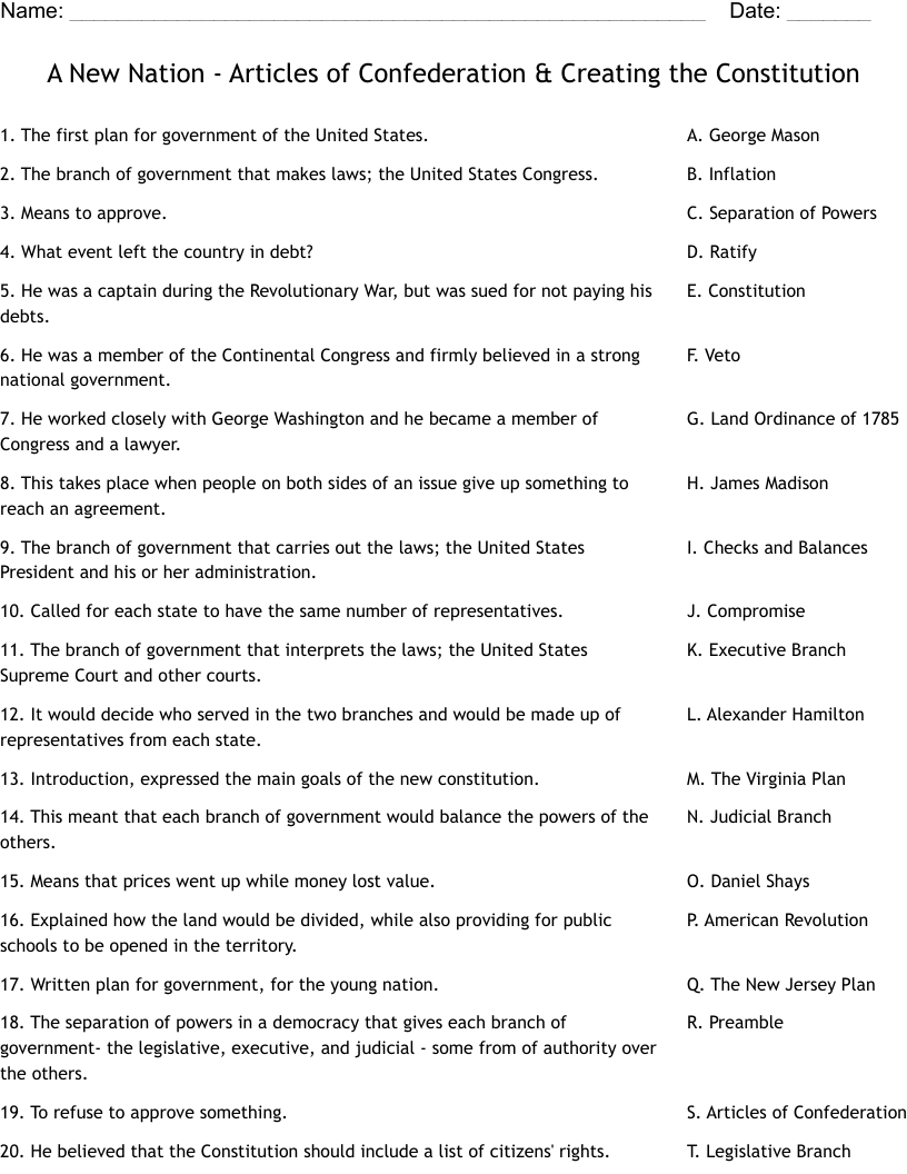 A New Nation Articles Of Confederation U0026 Creating The Constitution Worksheet WordMint