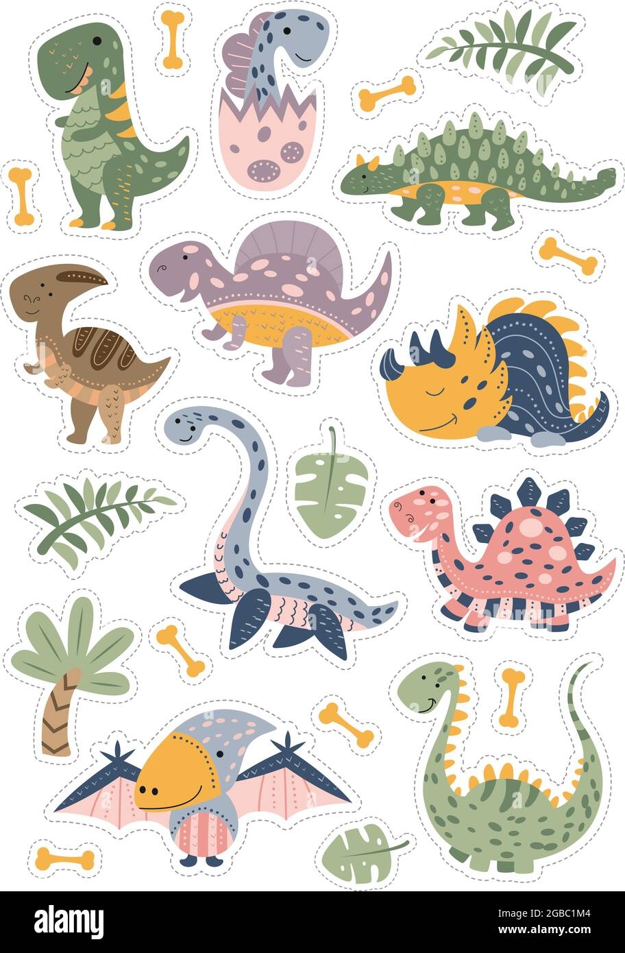 A Set Of Stickers Of Cute Funny Dinosaurs In The Scandinavian Style Jurassic Animals Printable Template For Kids Labels Isolated Objects On The Whi Stock Vector Image U0026 Art Alamy