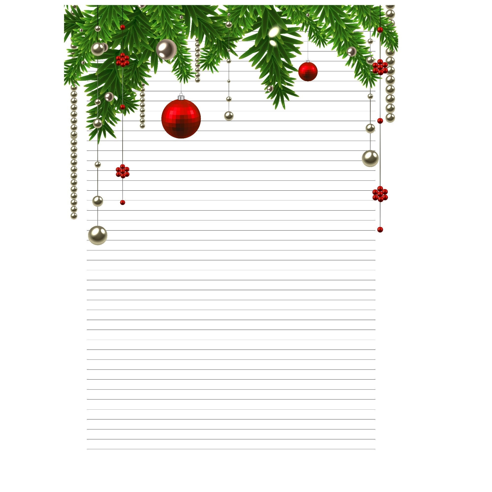 A4 Lined Printable Paper Christmas Stationery Christmas Letters Instant Download Baubles