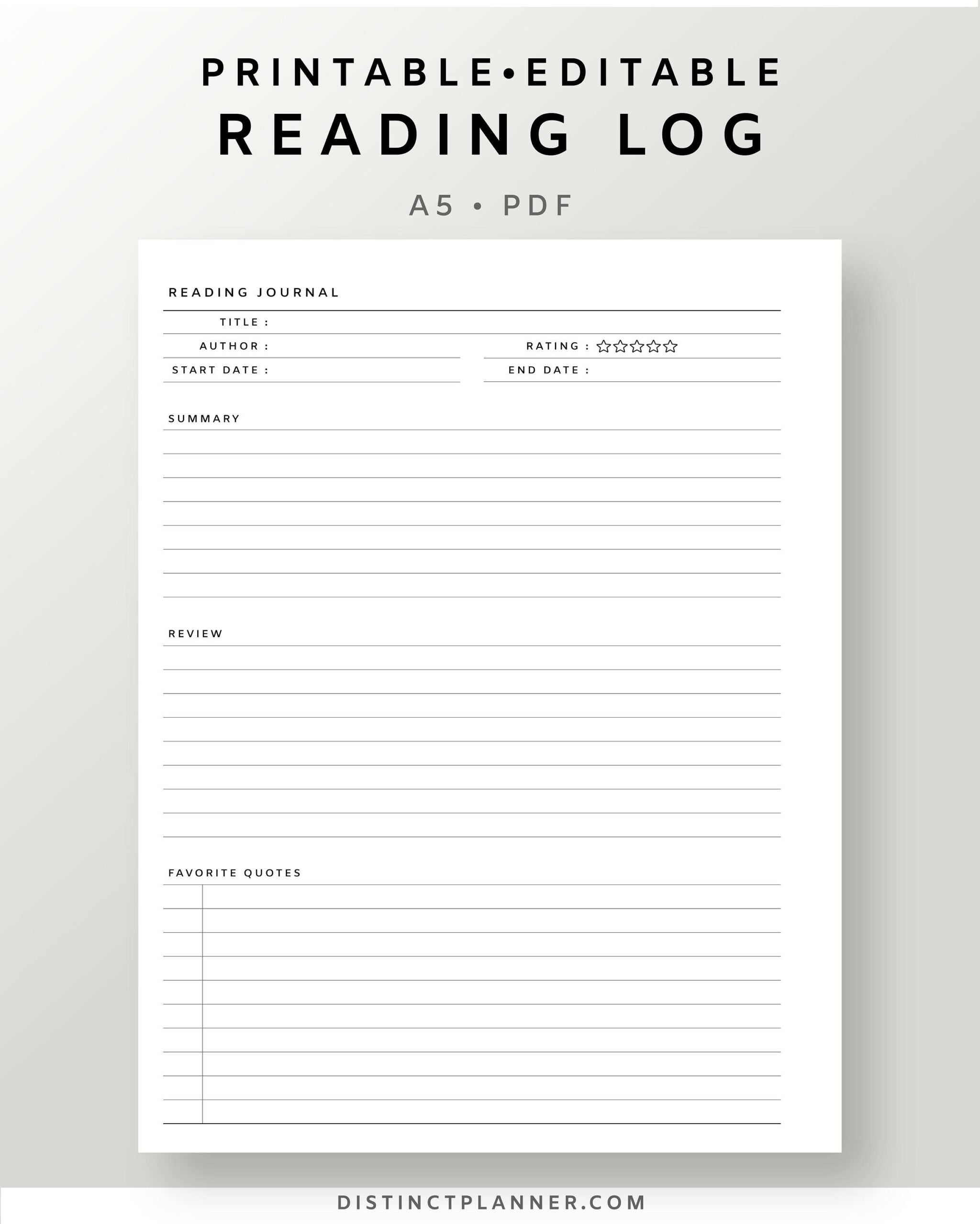 A5 Reading Journal Printable Editable Book Review Template PDF Book Tracker Log Reading Planner Insert Page Reading Reflection Etsy