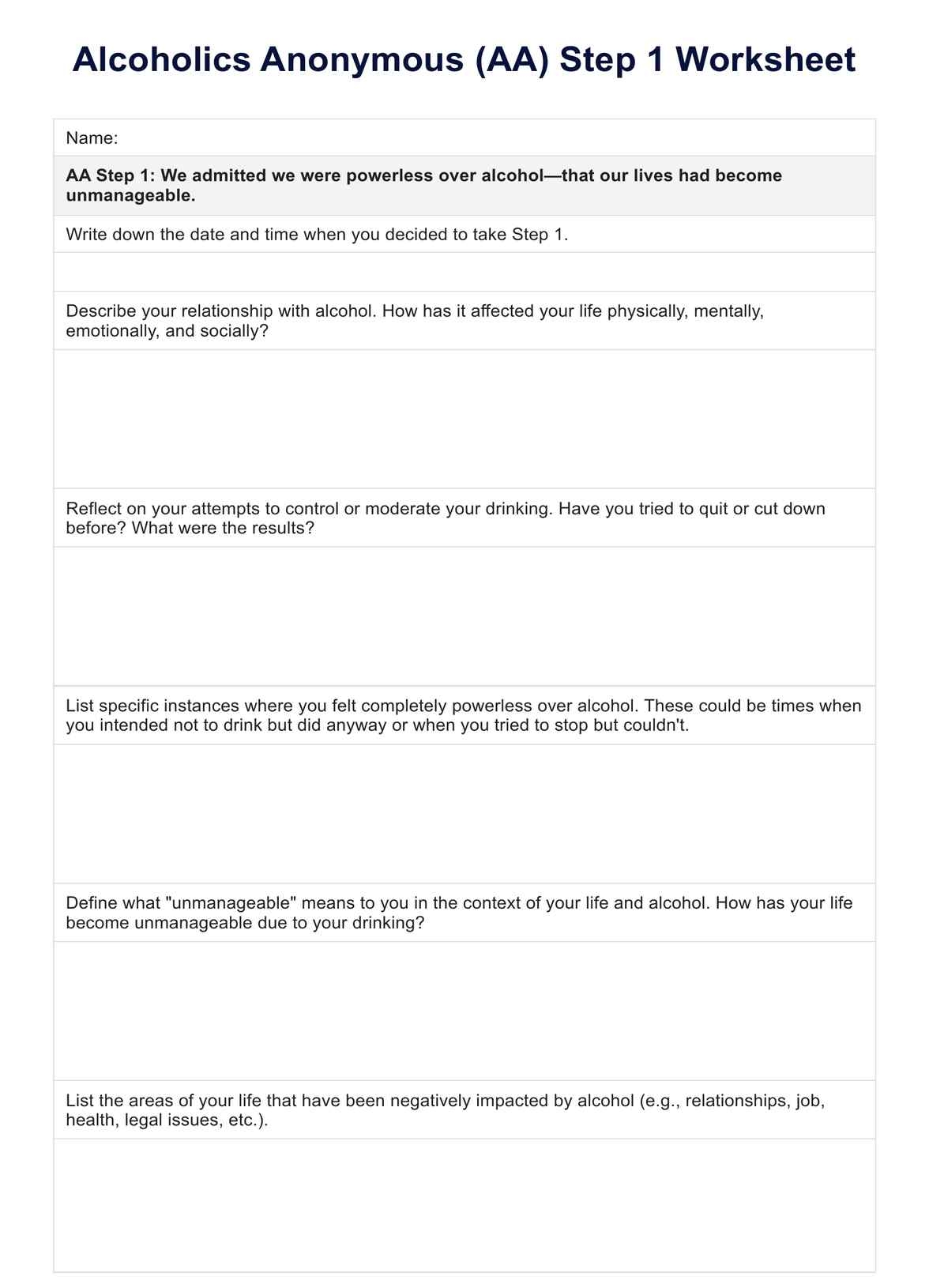 aa fourth step worksheet