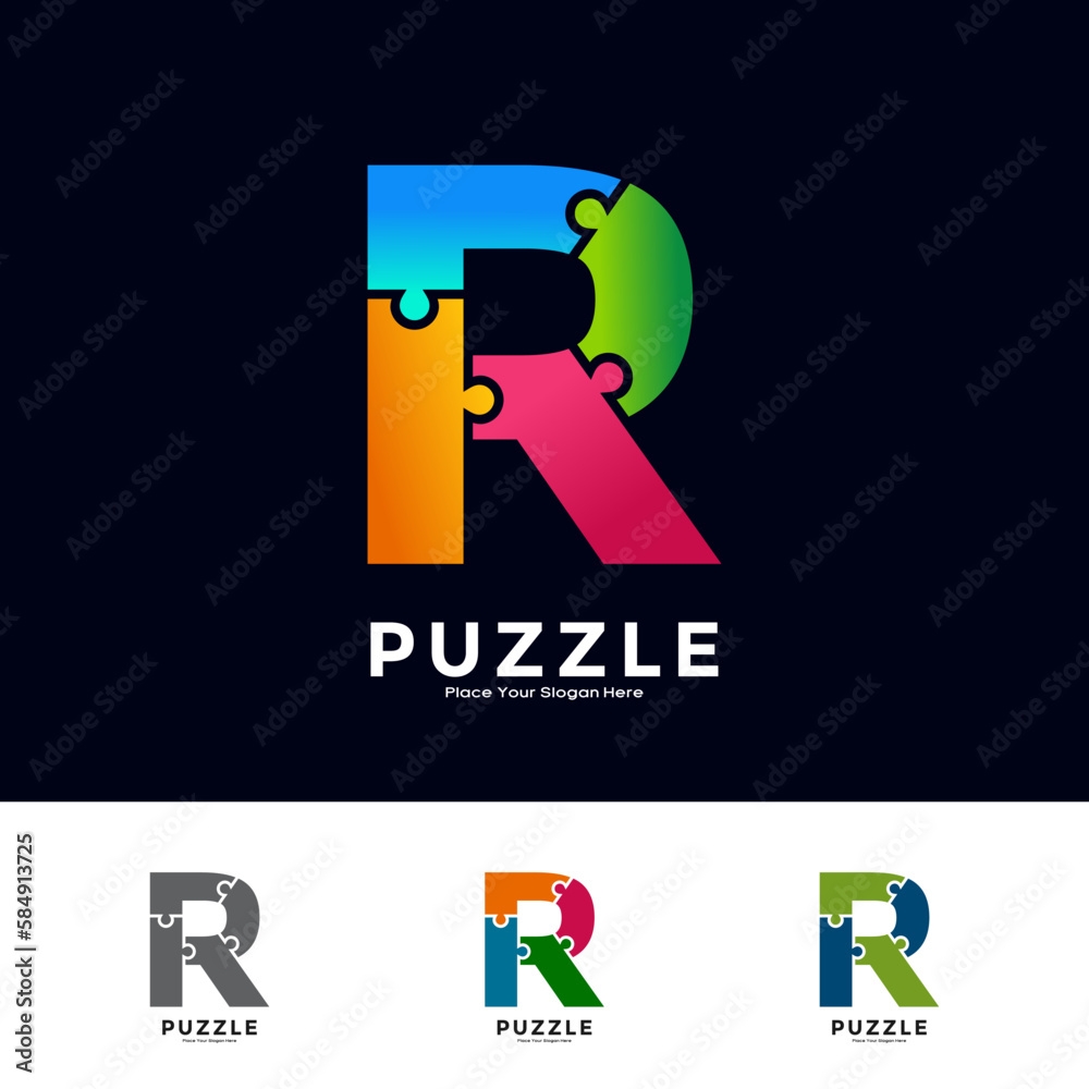 Abstract Letter R Puzzle Pieces Colorful Vector Logo Template 