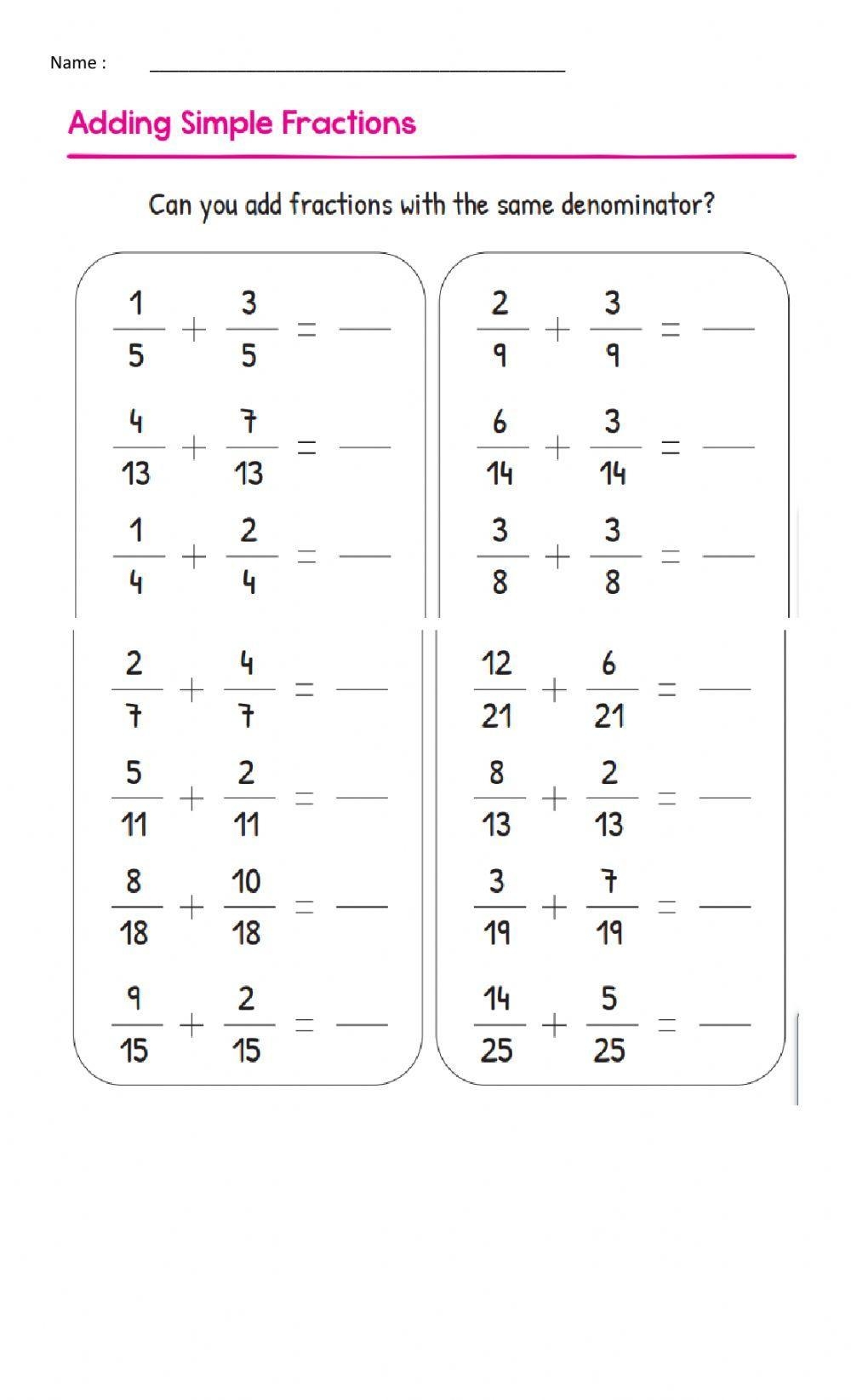 adding and subtracting fractions with like denominators worksheets pdf