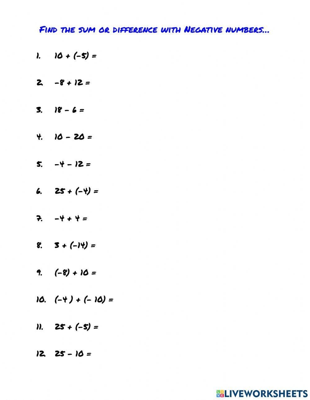 Adding And Subtracting With Negative Integers Worksheet Live Worksheets Library
