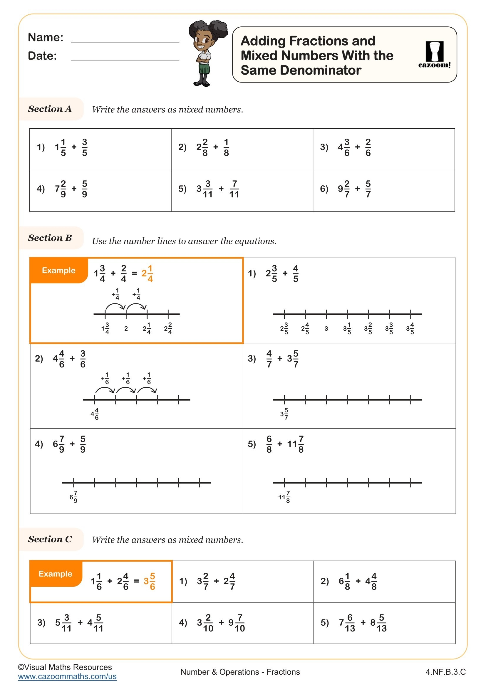 mixed number addition worksheet