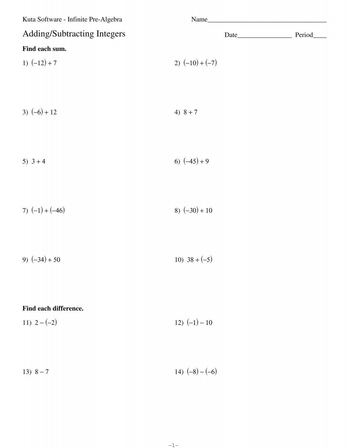 Adding Subtracting Integers Kuta Software