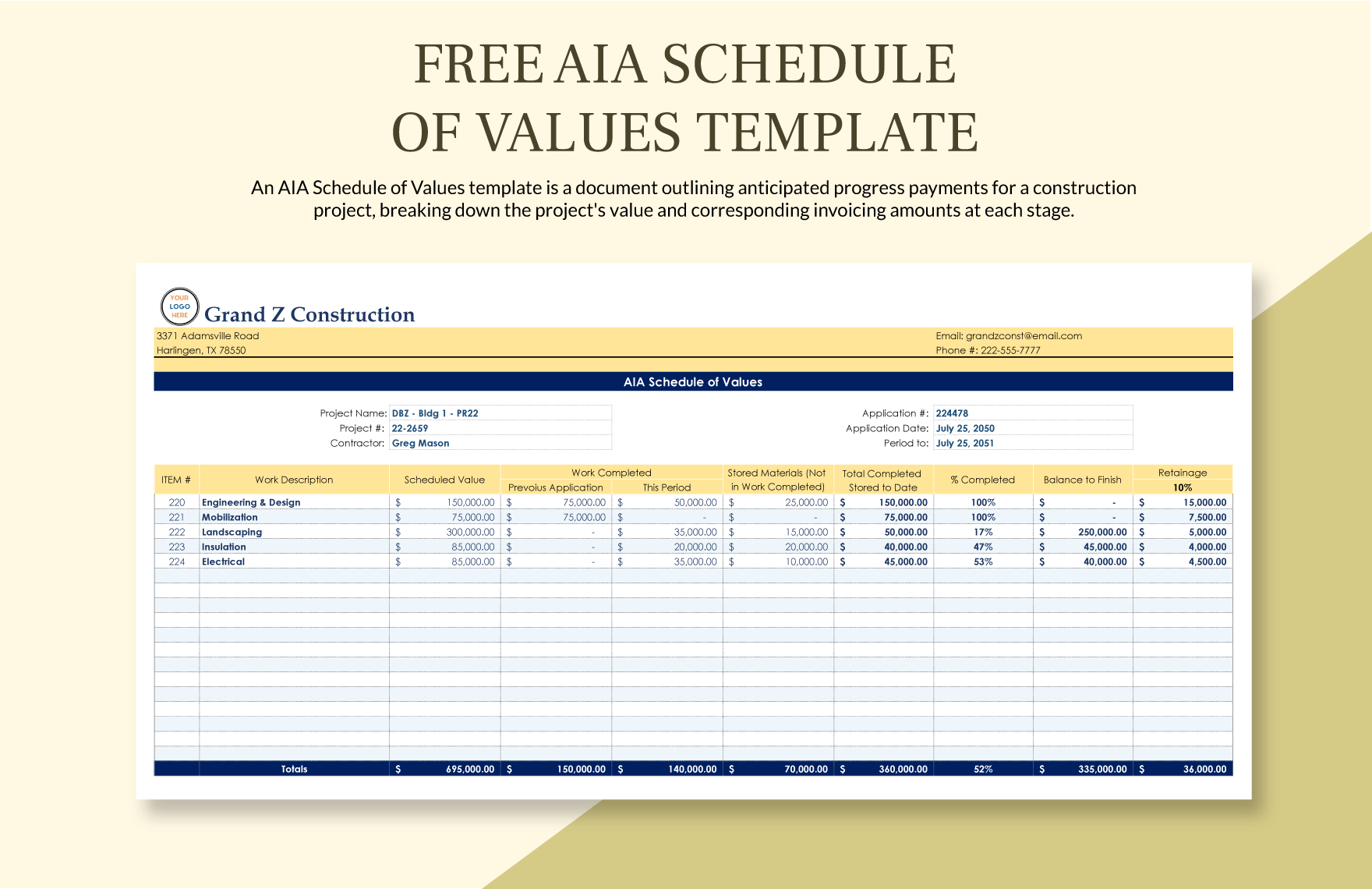 Aia Schedule Of Values Template In Excel Google Sheets Word 