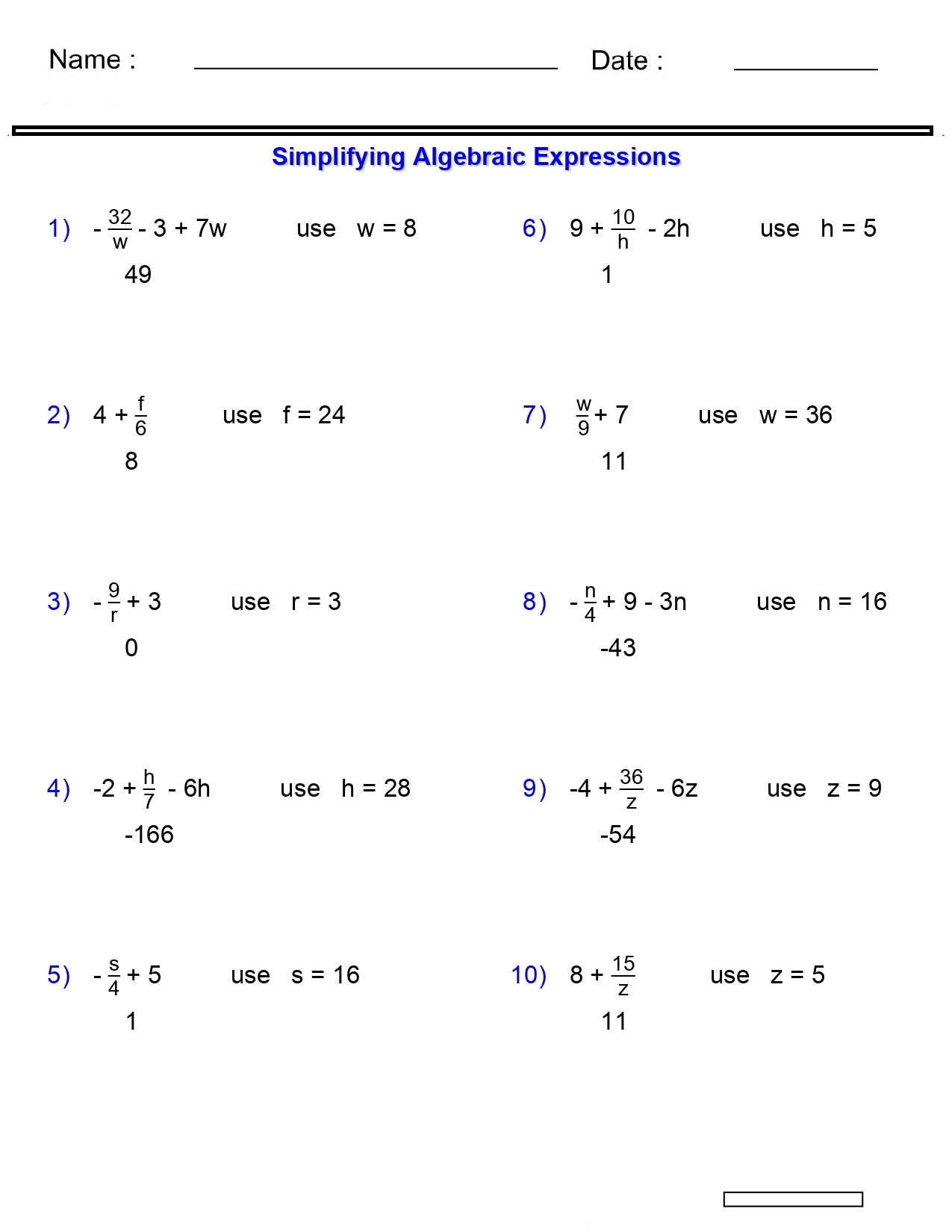 Algebraic Expressions Worksheets Evaluating One
