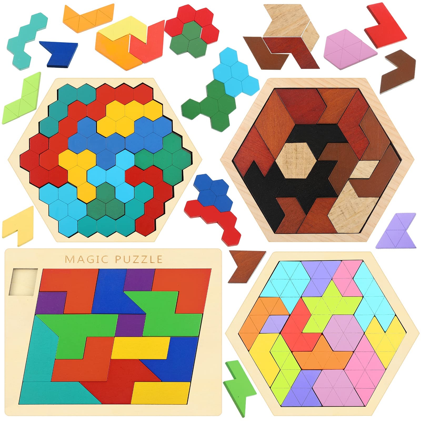 Amazon BBTO 4 Pack Wooden Hexagon Puzzle Blocks Geometric 