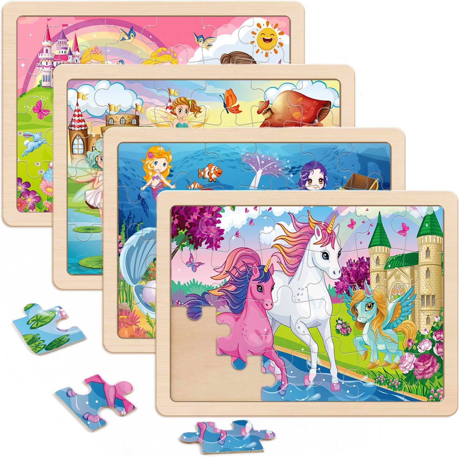 Amazon Wooden Puzzles For Kids Ages 4 6 4 Packs 24 PCs Unicorn Mermaid Princess Fairy Jigsaw Puzzles Preschool Educational Brain Teaser Toys For Girls 3 4 5 6 Years Old Toys U0026 Games